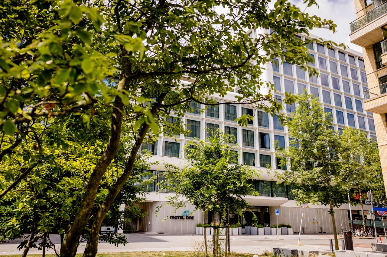 Blick auf die moderne Fassade des Hotels mit großen Fenstern, umgeben von grünen Bäumen und einem gepflegten Außenbereich, der eine ruhige und einladende Atmosphäre schafft.