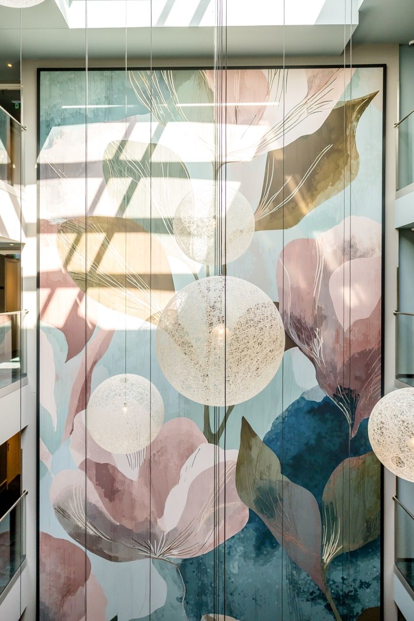Großflächiges Wandbild in einem Hotelatrium mit abstrakten, pastellfarbenen Blüten und Blättern in sanften Rosé-, Grün- und Blautönen, beleuchtet von Tageslicht durch ein Oberlicht.