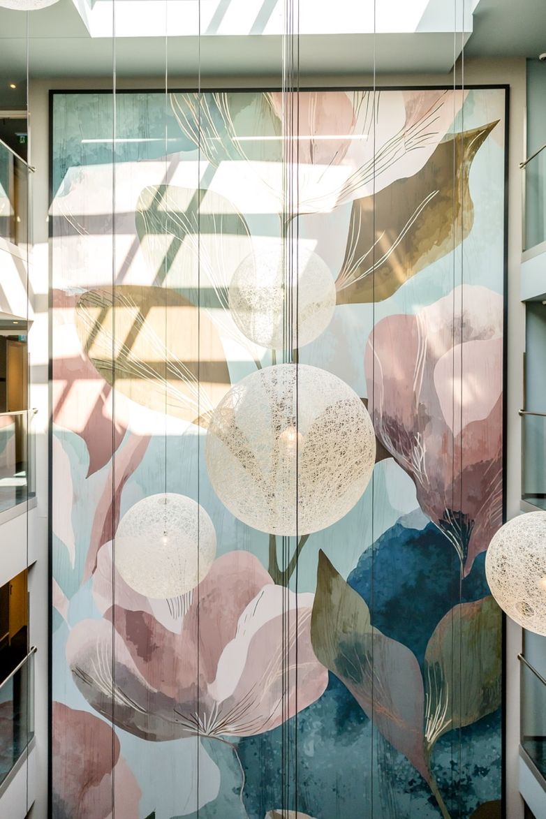 Großflächiges Wandbild in einem Hotelatrium mit abstrakten, pastellfarbenen Blüten und Blättern in sanften Rosé-, Grün- und Blautönen, beleuchtet von Tageslicht durch ein Oberlicht.