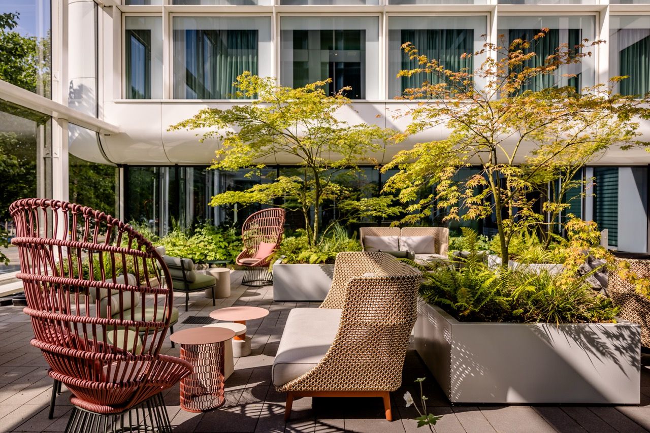Gemütliche Außenlounge mit modernen Korbsesseln und Tischen, umgeben von grünen Pflanzen und kleinen Bäumen, auf einer Terrasse eines Hotels mit hellem, freundlichem Ambiente.