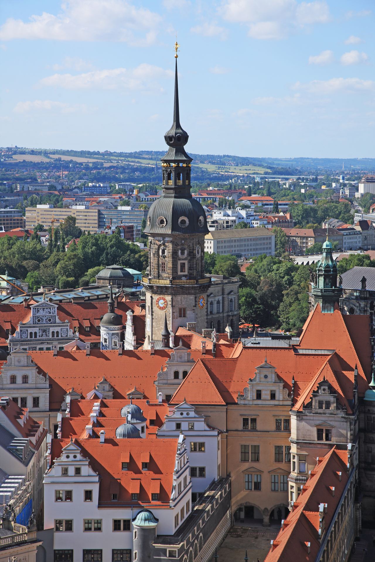 Historische Altstadtsilhouette mit roten Ziegeldächern und markantem Turm der Dresdner Schlosskirche vor klarem Himmel, im Hintergrund moderne Stadtlandschaft und grünes Umland.