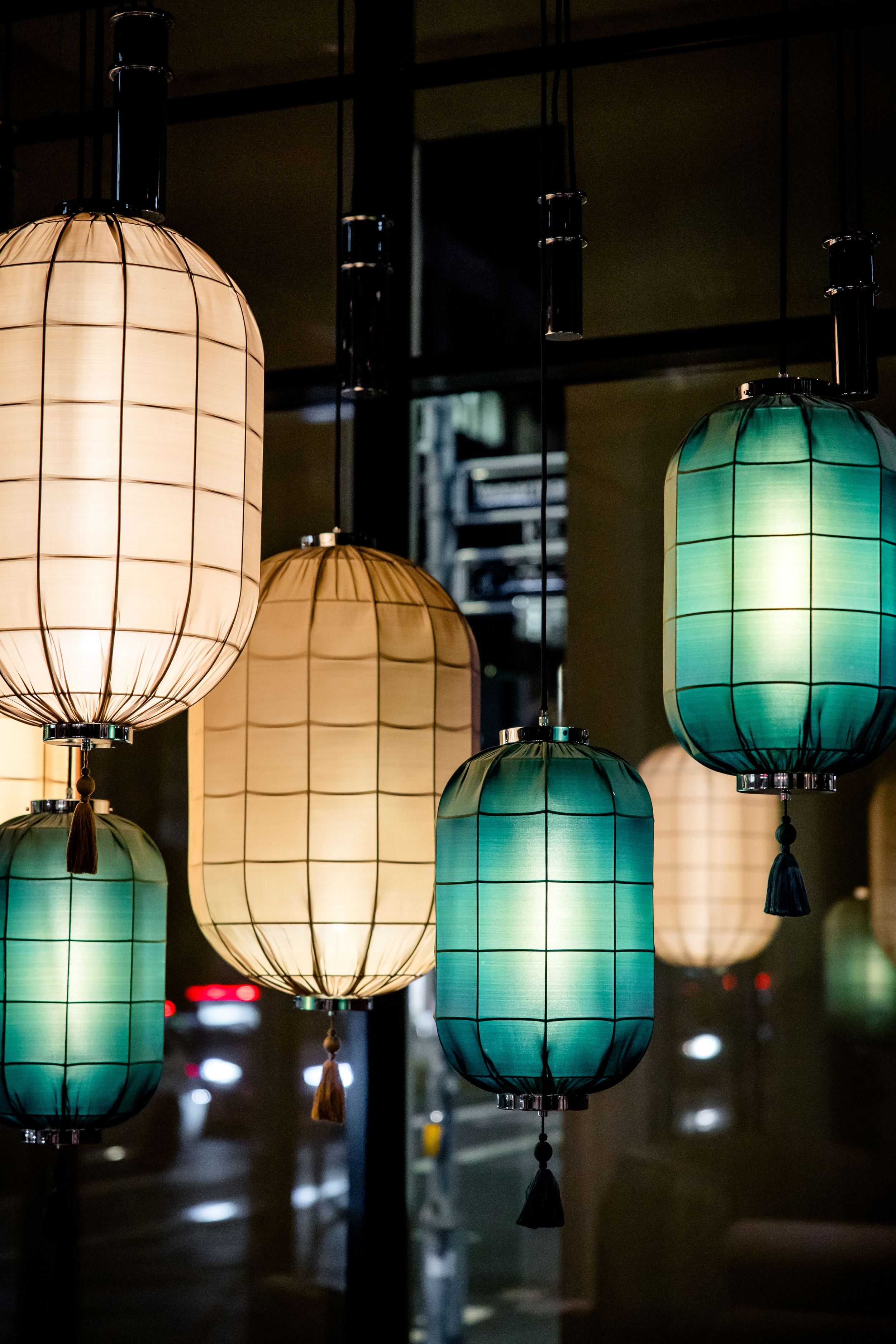 Design hotel Dusseldorf Hauptbahnhof Motel One view of multicoloured pendant lights