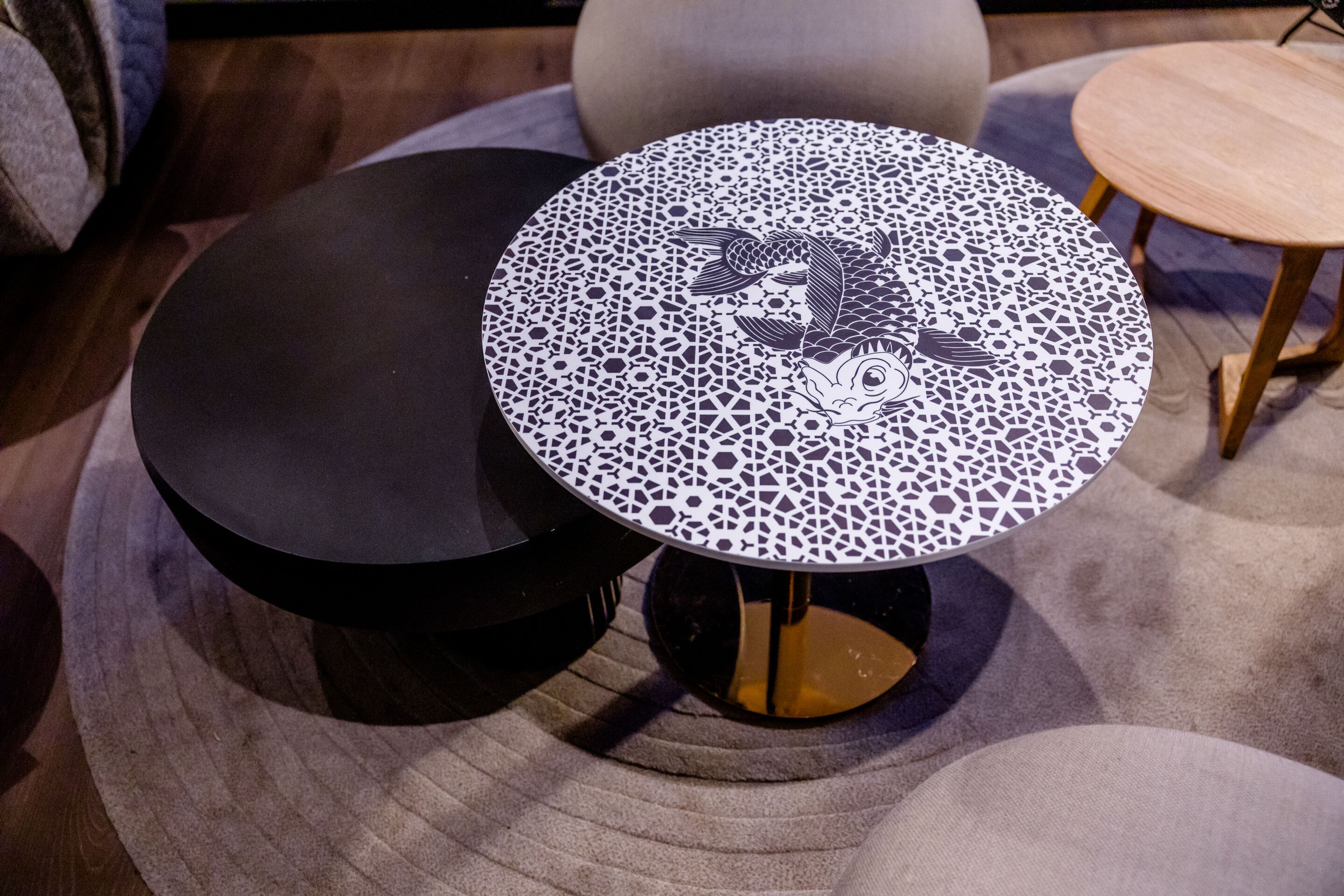 Hotel Dusseldorf Hauptbahnhof Motel One view of a side table with black and white patterns and a fish in the centre Hotel Dusseldorf Hauptbahnhof Motel One view of a side table with black and white patterns and a fish in the centre