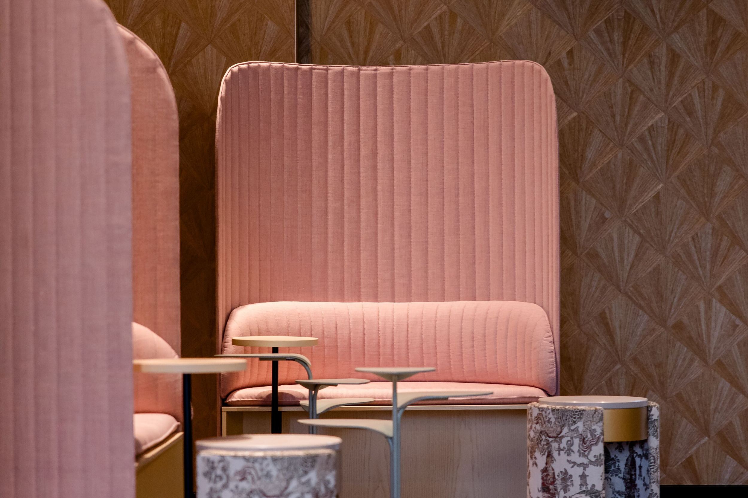 Hotel Dusseldorf Hauptbahnhof Motel One two chairs in pink and side tables