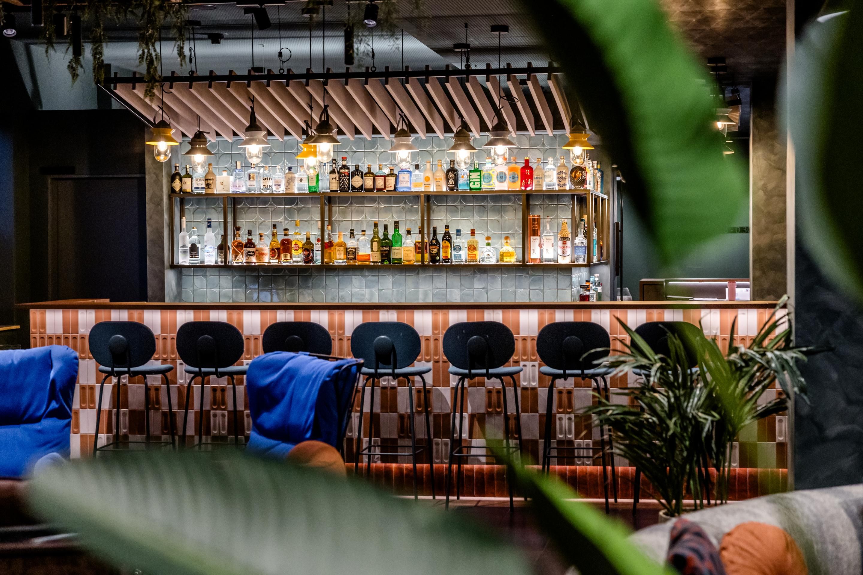 Moderne Hotelbar mit stilvoller Beleuchtung, einer Auswahl an Spirituosen hinter der Theke und hohen Barhockern. Gemütliche Atmosphäre mit Pflanzen und bequemen Sesseln für entspannte Abende.