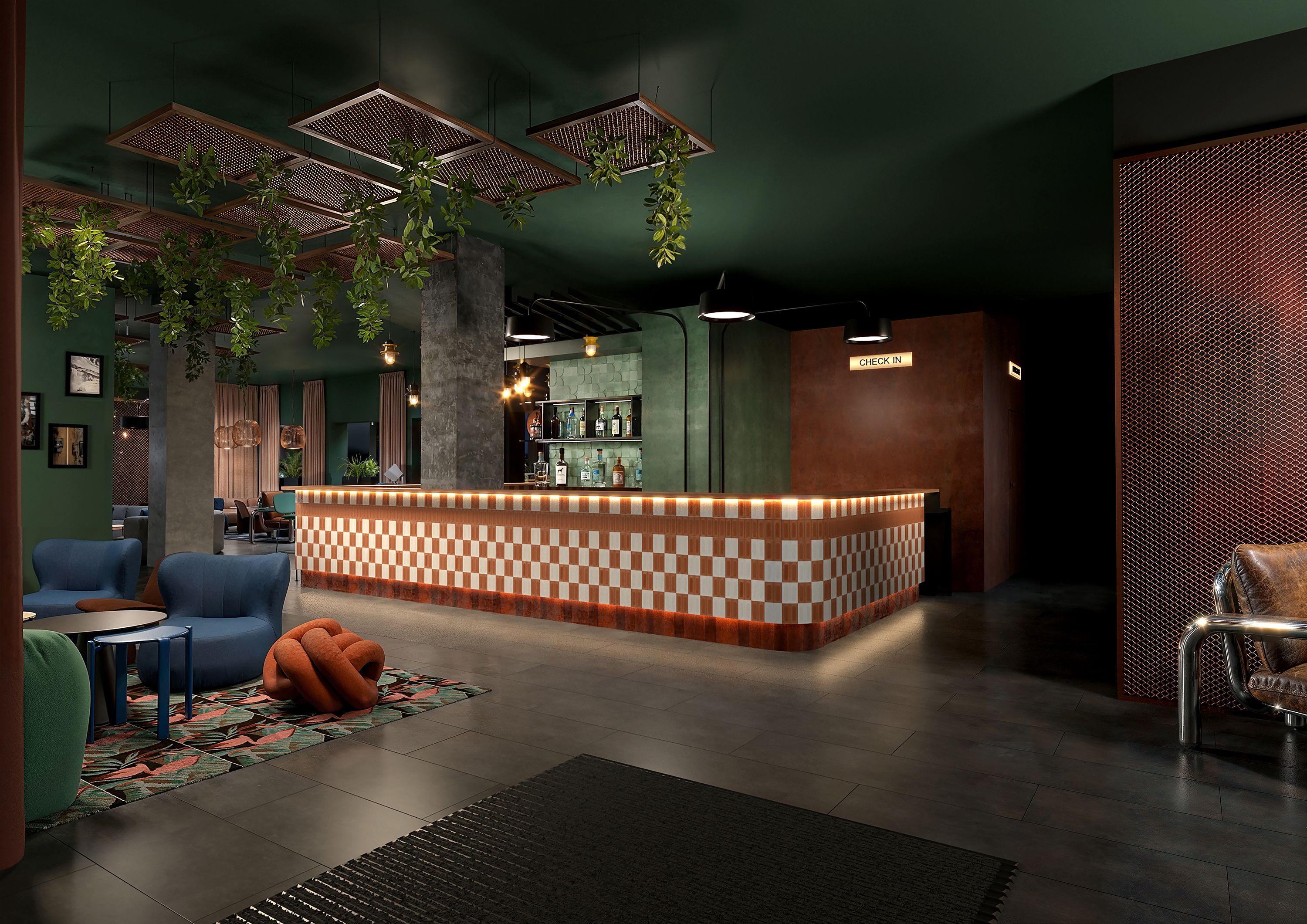 Moderne Hotellobby mit warm beleuchtetem Empfangstresen in Karooptik, grünen Wänden und Decke, hängenden Pflanzen und gemütlichen Sitzbereichen mit Sesseln für entspannte Atmosphäre.