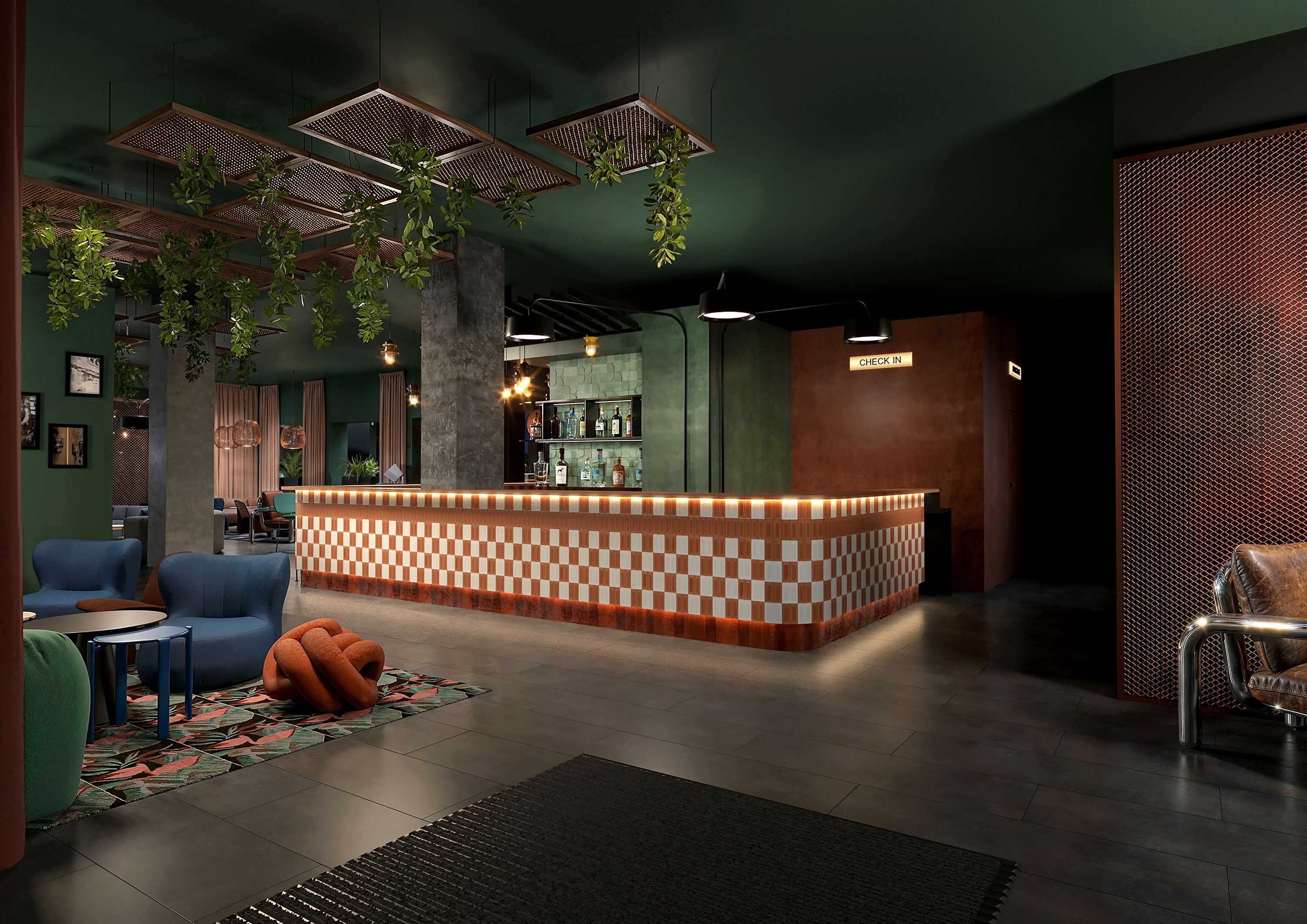 Moderne Hotellobby mit warm beleuchtetem Empfangstresen in Karooptik, grünen Wänden und Decke, hängenden Pflanzen und gemütlichen Sitzbereichen mit Sesseln für entspannte Atmosphäre. Moderne Hotellobby mit warm beleuchtetem Empfangstresen in Karooptik, grünen Wänden und Decke, hängenden Pflanzen und gemütlichen Sitzbereichen mit Sesseln für entspannte Atmosphäre.