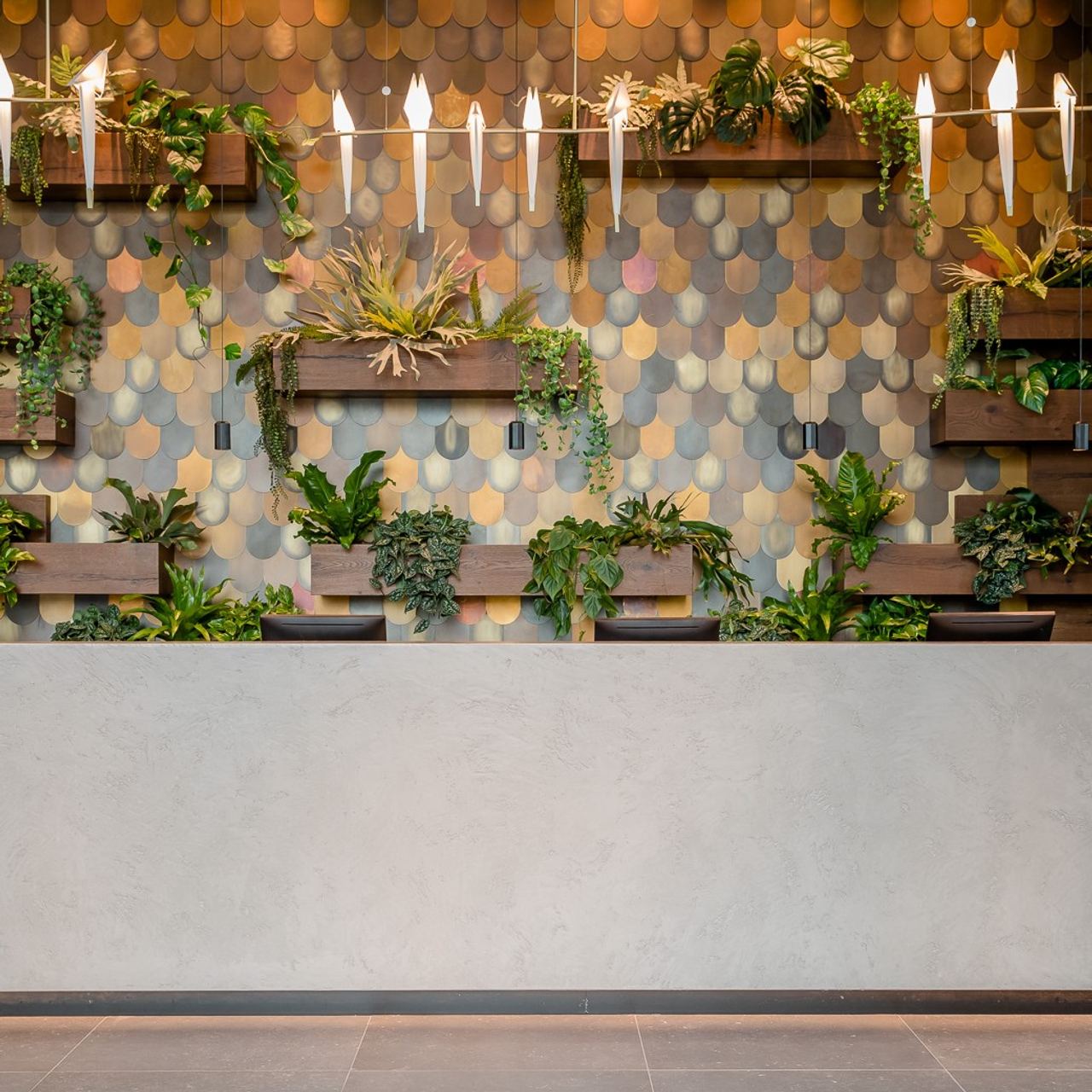Designhotel Innsbruck Motel One Rezeption mit mehreren Pflanzen