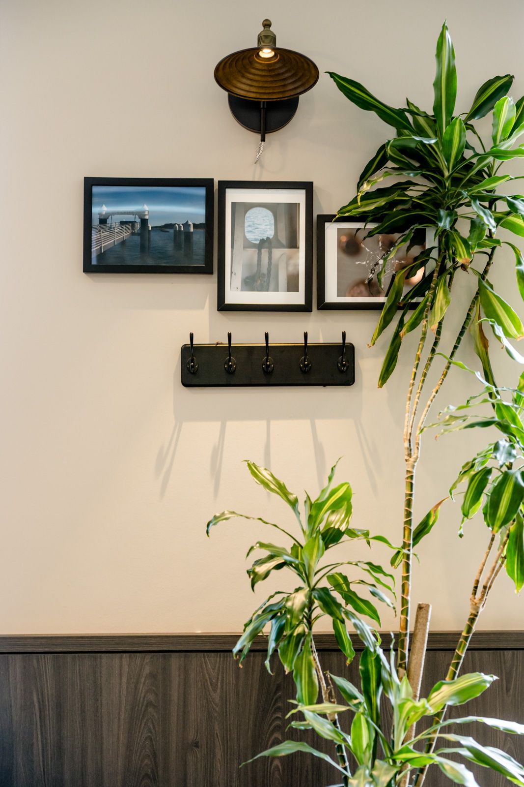 Wand mit drei gerahmten Fotos, einer antik wirkenden Wandlampe und einer Hakenleiste. Vor der Wand stehen zwei grüne Zimmerpflanzen, die eine natürliche und einladende Atmosphäre schaffen.