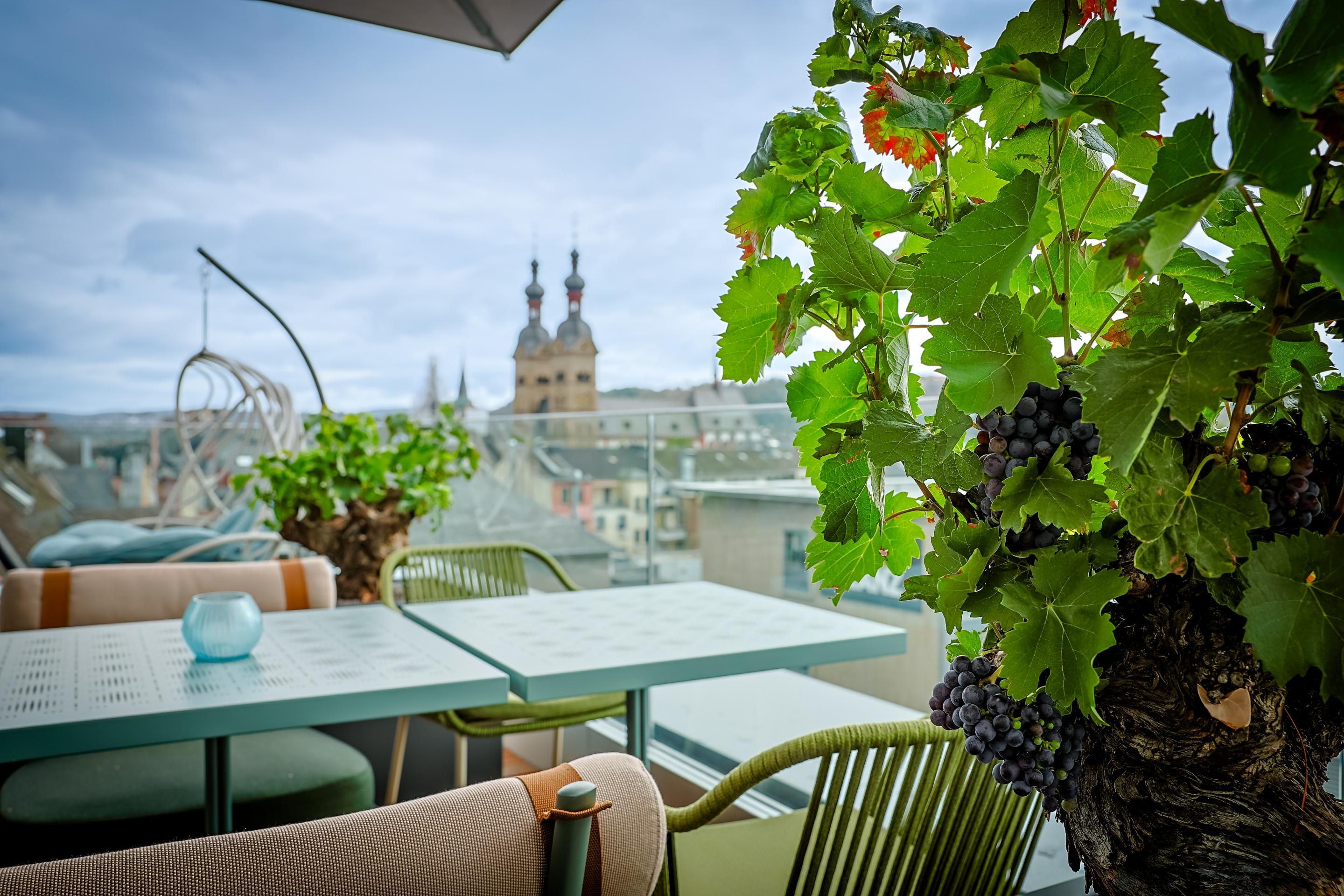 Blick von einer Balkonlounge mit gemütlichen Sitzmöbeln und einem Tisch auf die Stadt, im Vordergrund ein Weinstock mit dunklen Trauben. Im Hintergrund sind zwei Kirchtürme bei bewölktem Himmel sichtbar.