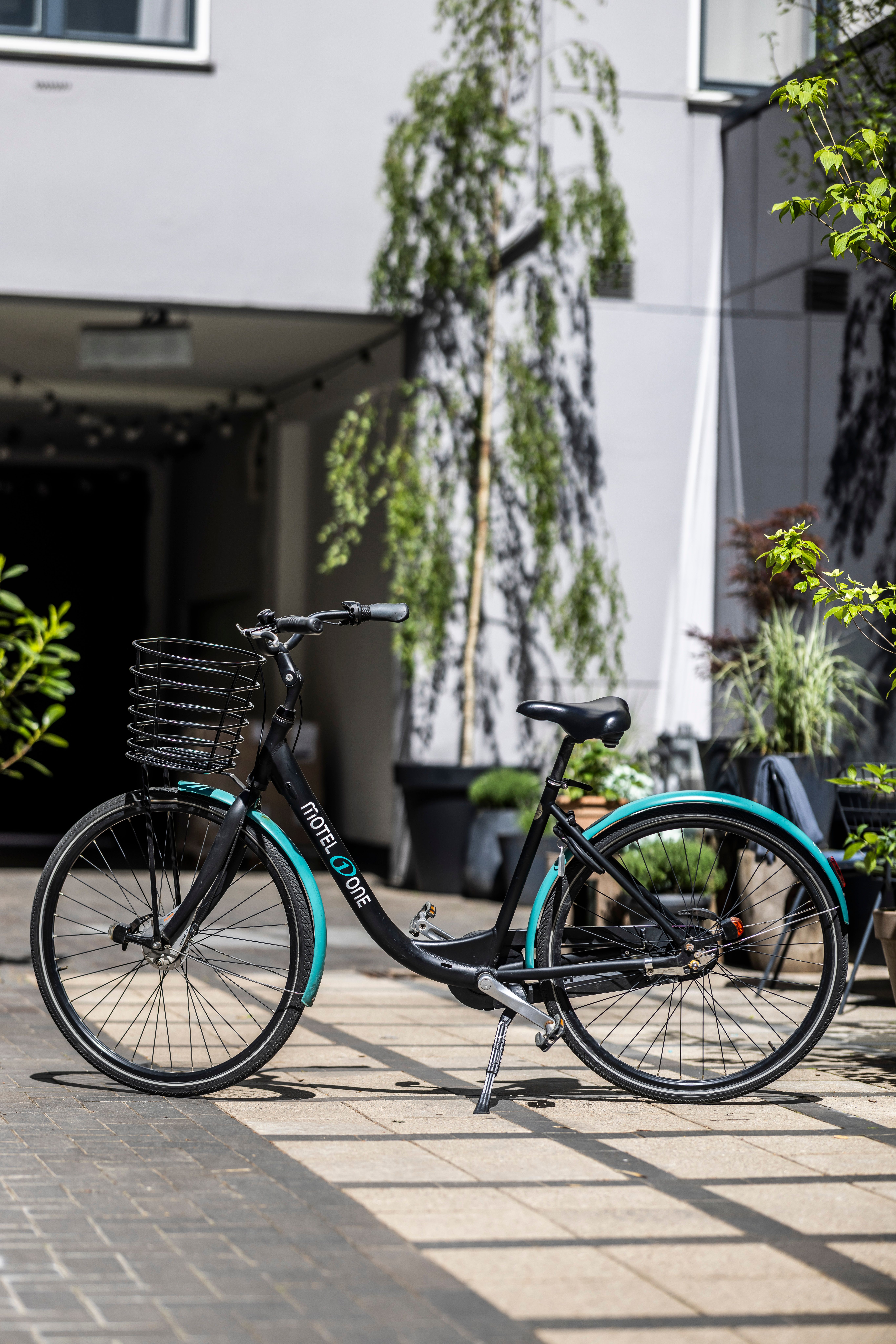 Schwarzes Mietfahrrad mit Korb steht vor einem modernen Hotelgebäude, umgeben von Pflanzen, ideal für nachhaltige Stadterkundungen.