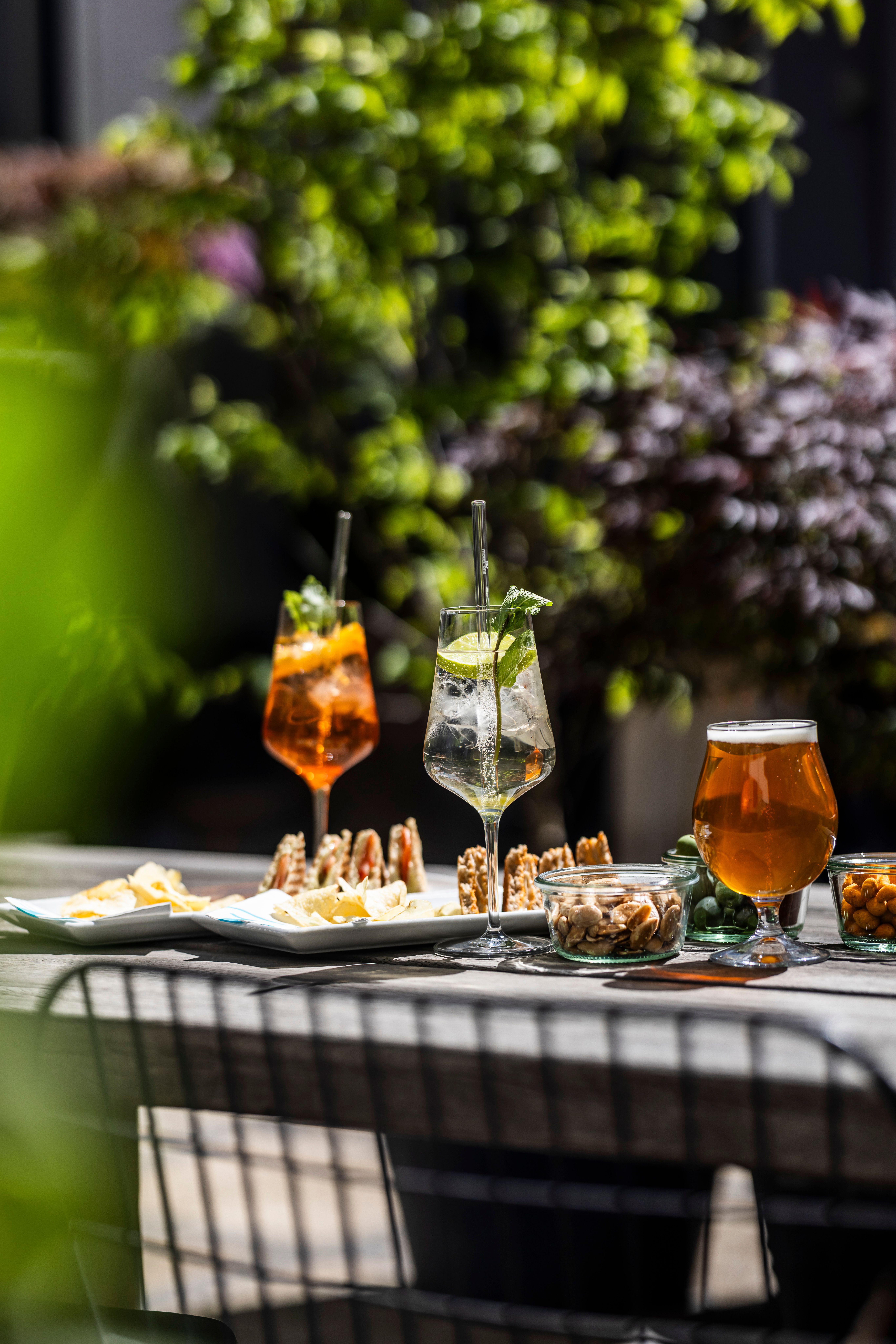 Sommerliches Tischarrangement im Außenbereich mit verschiedenen erfrischenden Getränken und kleinen Snacks, umgeben von grünem Pflanzenambiente.
