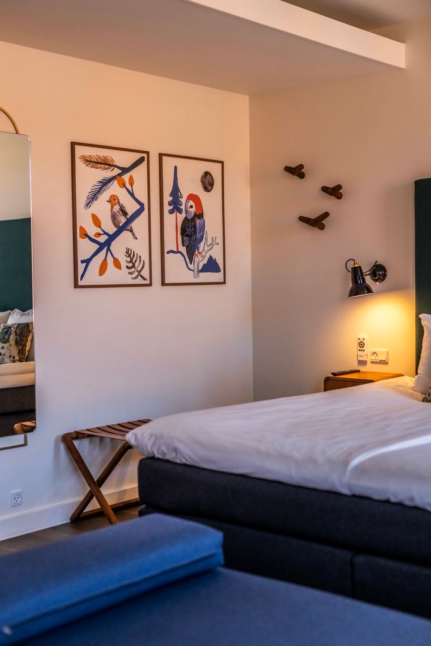Hell eingerichtetes Hotelzimmer mit gemütlichem Doppelbett, dekorativen Vogelmotiven an der Wand und warmem Licht an einem Nachttisch.