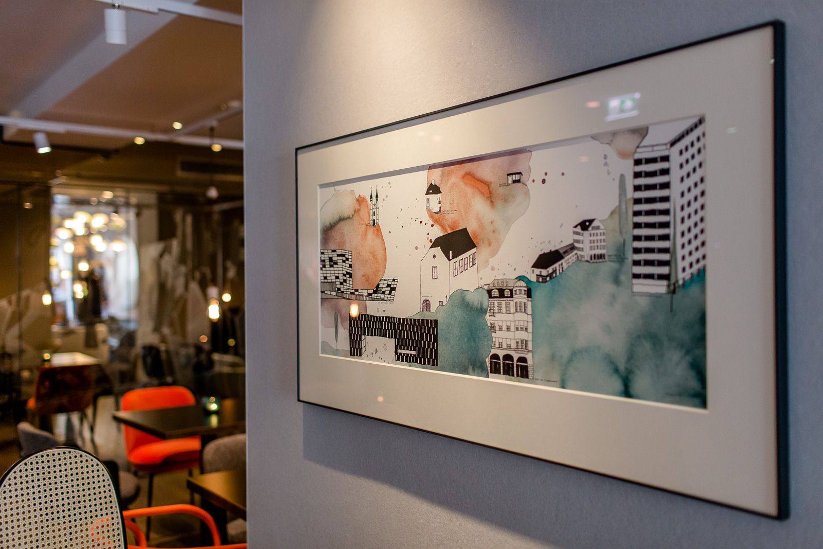 Designhotel Linz Hauptplatz Motel One Nahaufnahme gezeichnetes Bild an der Wand