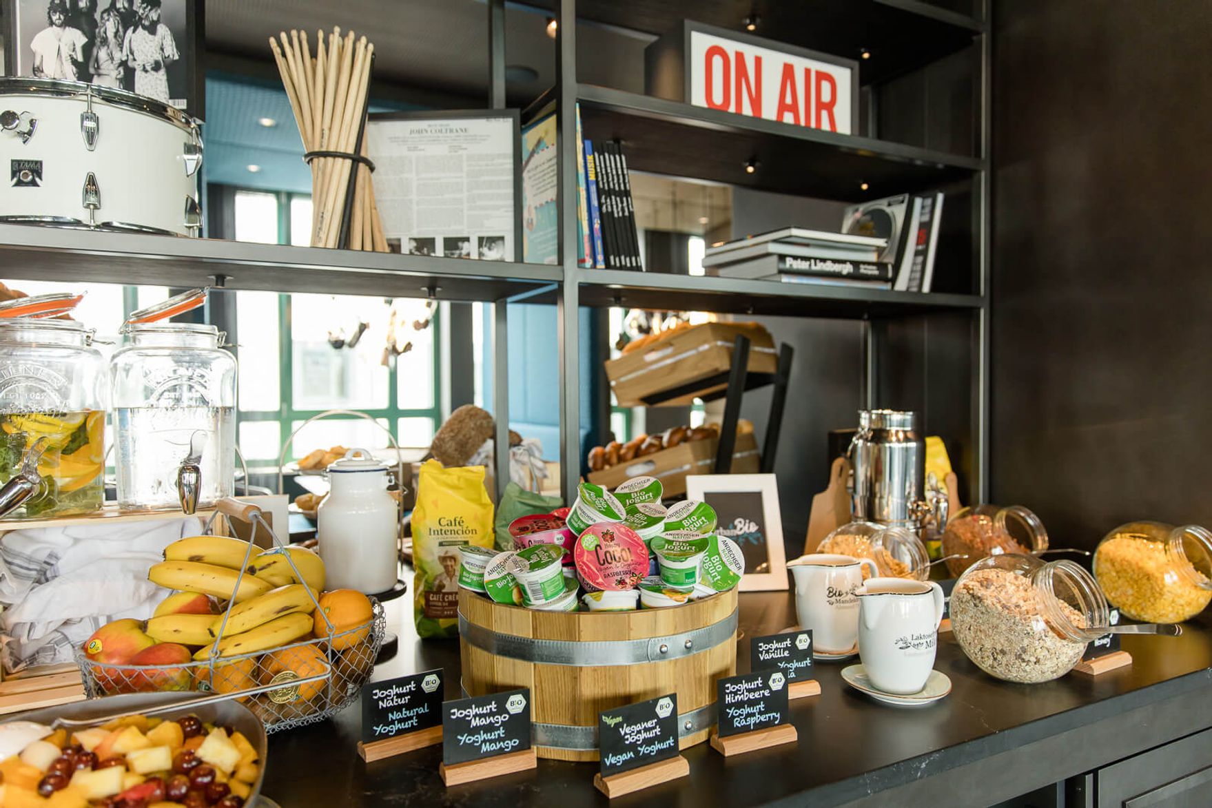 hotel Mannheim Motel One breakfast buffet with fruit, yogurt, milk and muesli
