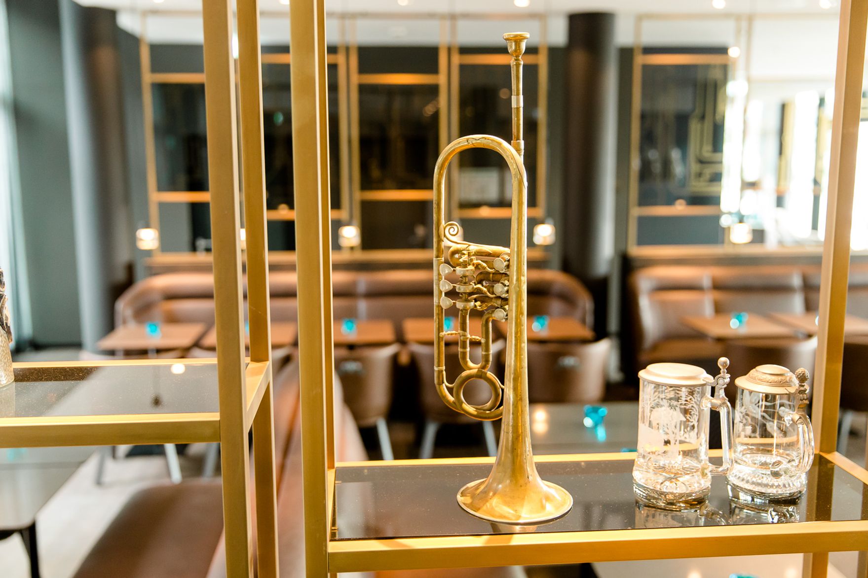 hotel Munich Parkstadt Schwabing Motel One close-up of trumpet on open shelf