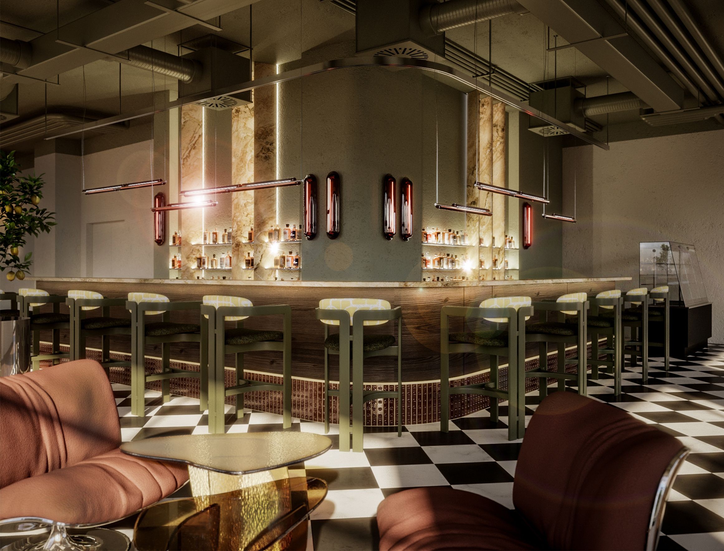 Moderne Hotelbar mit gemütlichen Sitzgelegenheiten, eleganter Beleuchtung und einer klar strukturierten Theke. Schachbrettmuster auf dem Boden sorgt für stilvolles Ambiente. Ideal für entspannte Abende und gesellige Treffen.