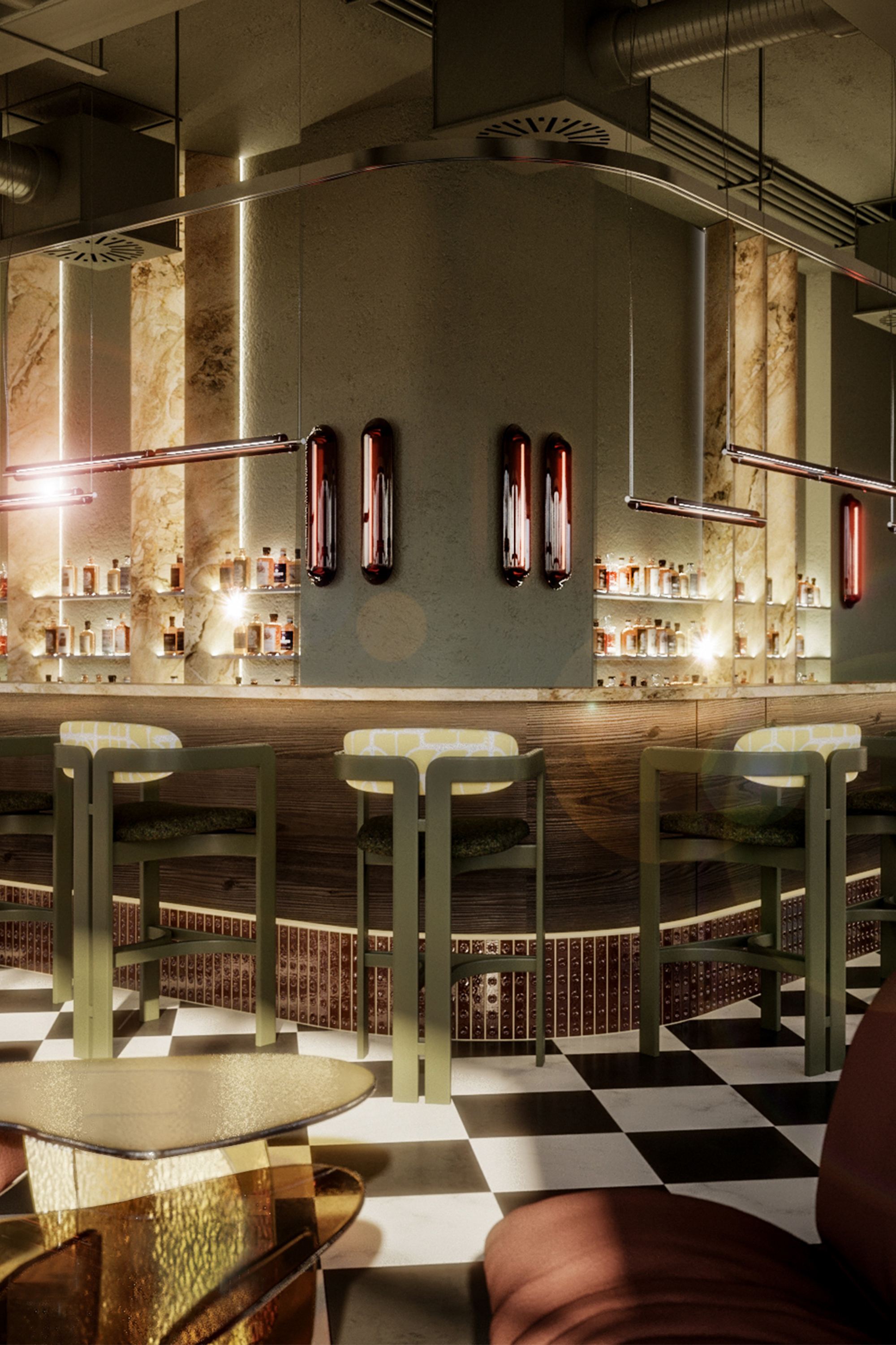 Moderne Hotelbar mit gemütlichen Sitzgelegenheiten, eleganter Beleuchtung und einer klar strukturierten Theke. Schachbrettmuster auf dem Boden sorgt für stilvolles Ambiente. Ideal für entspannte Abende und gesellige Treffen.