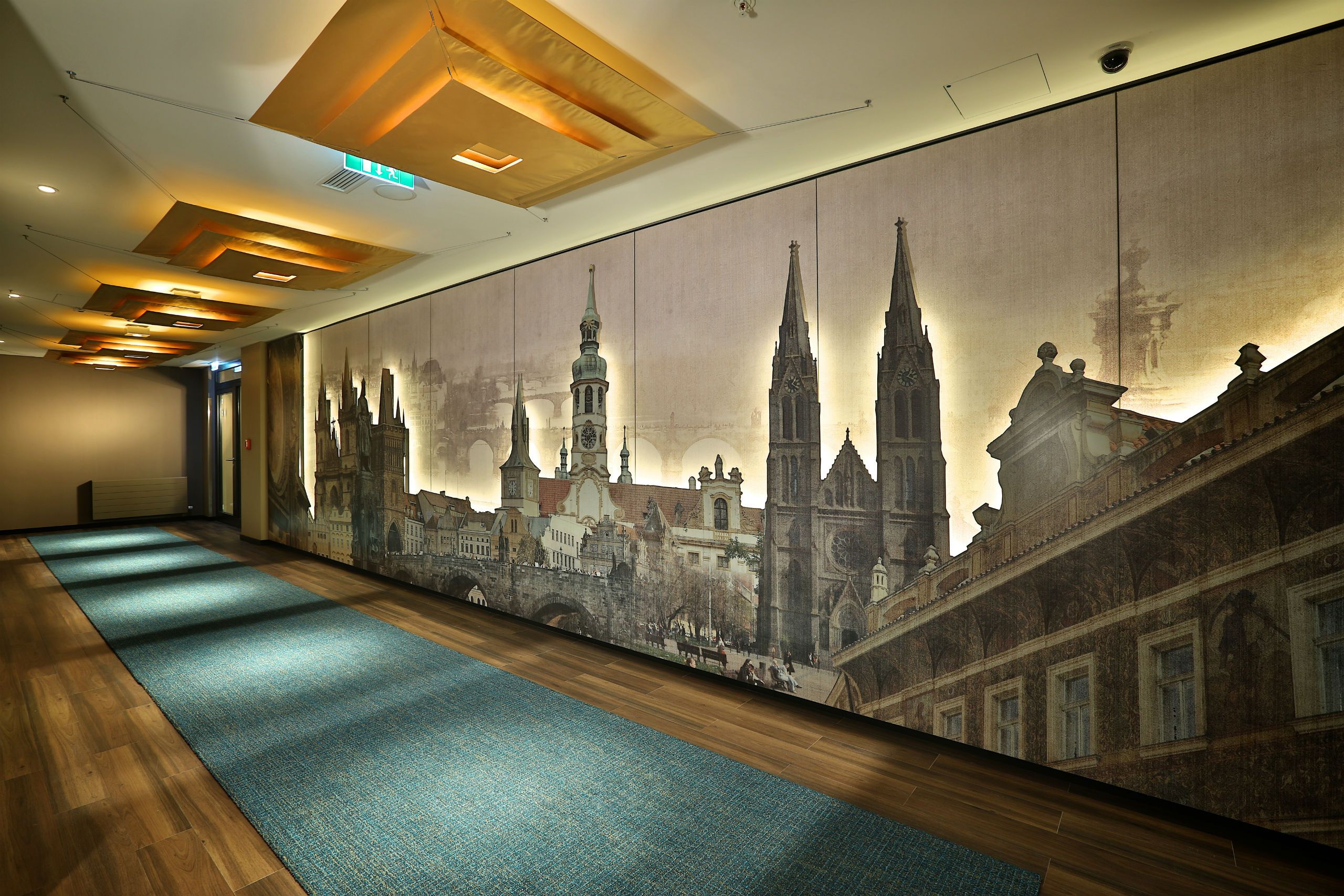 hotel Prague Florentinum Motel One large mural of buildings in the city of Prague