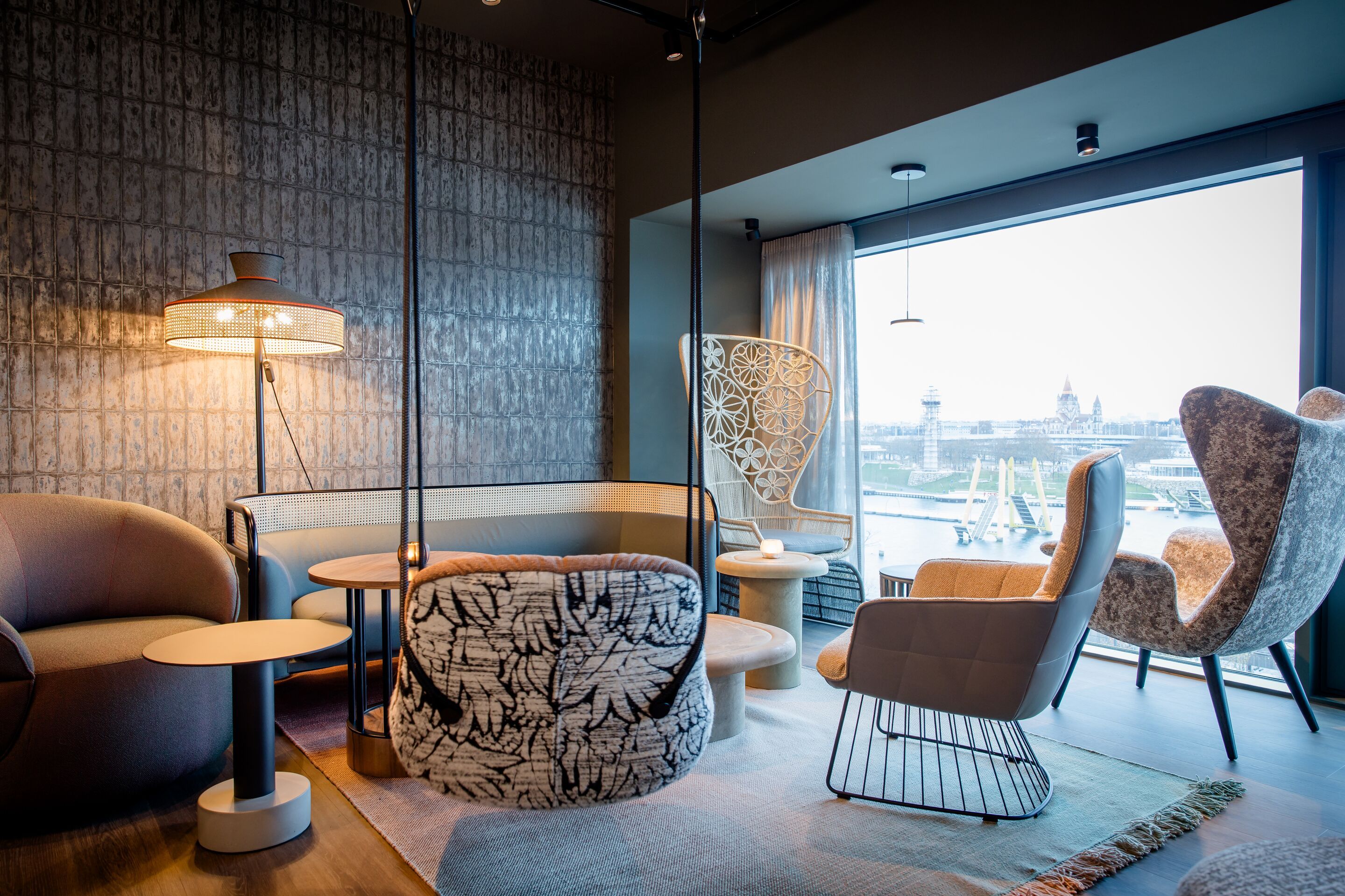 Hotel Vienna Donau City Motel One Seating with a view of the Danube