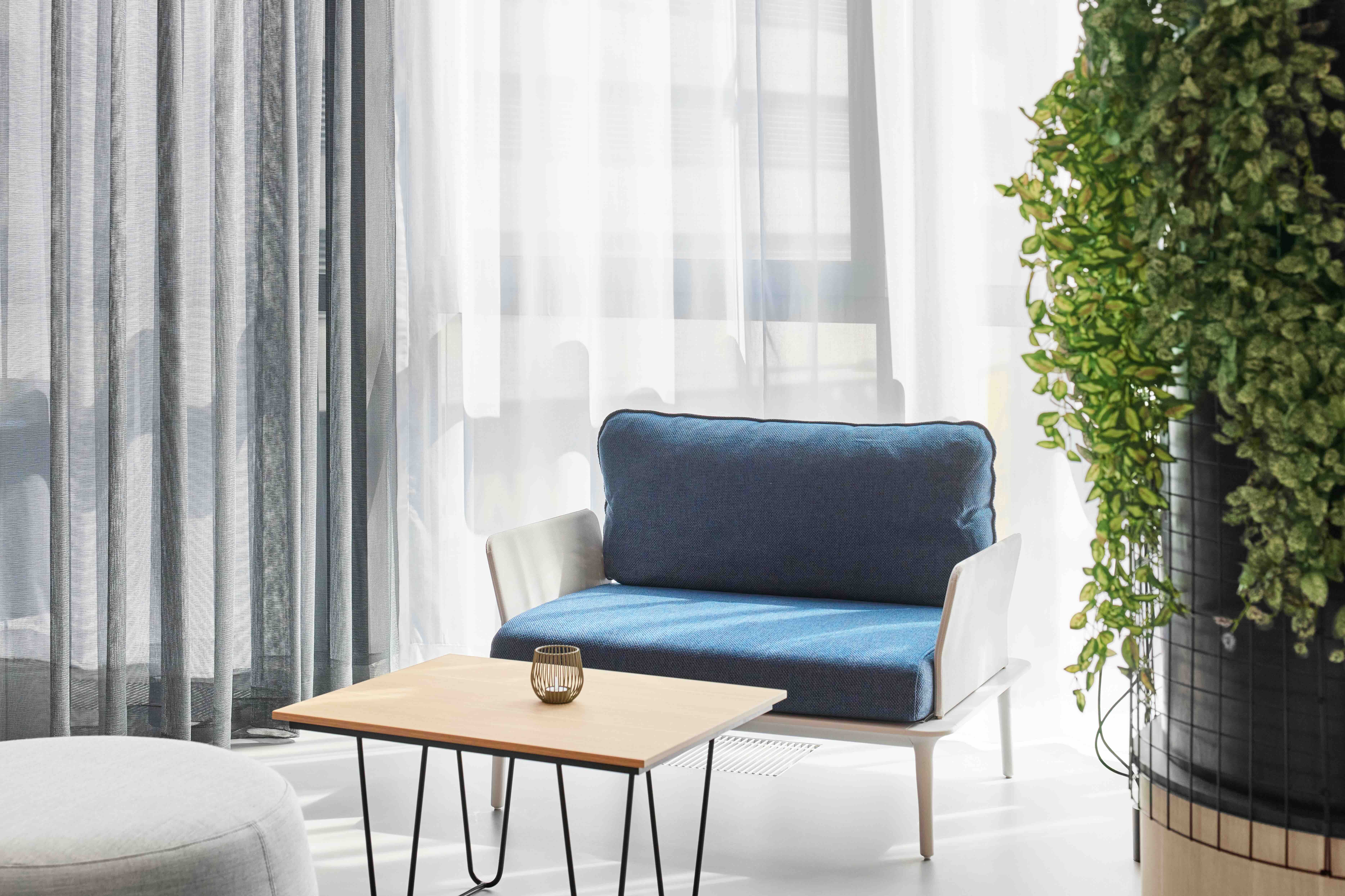 Helles, modernes Zimmer mit einem weißen Sessel mit blauem Polster, einem kleinen Holztisch und großen Fenstern mit transparenten Vorhängen, daneben eine große grüne Pflanze, die eine einladende und entspannte Atmosphäre schafft.