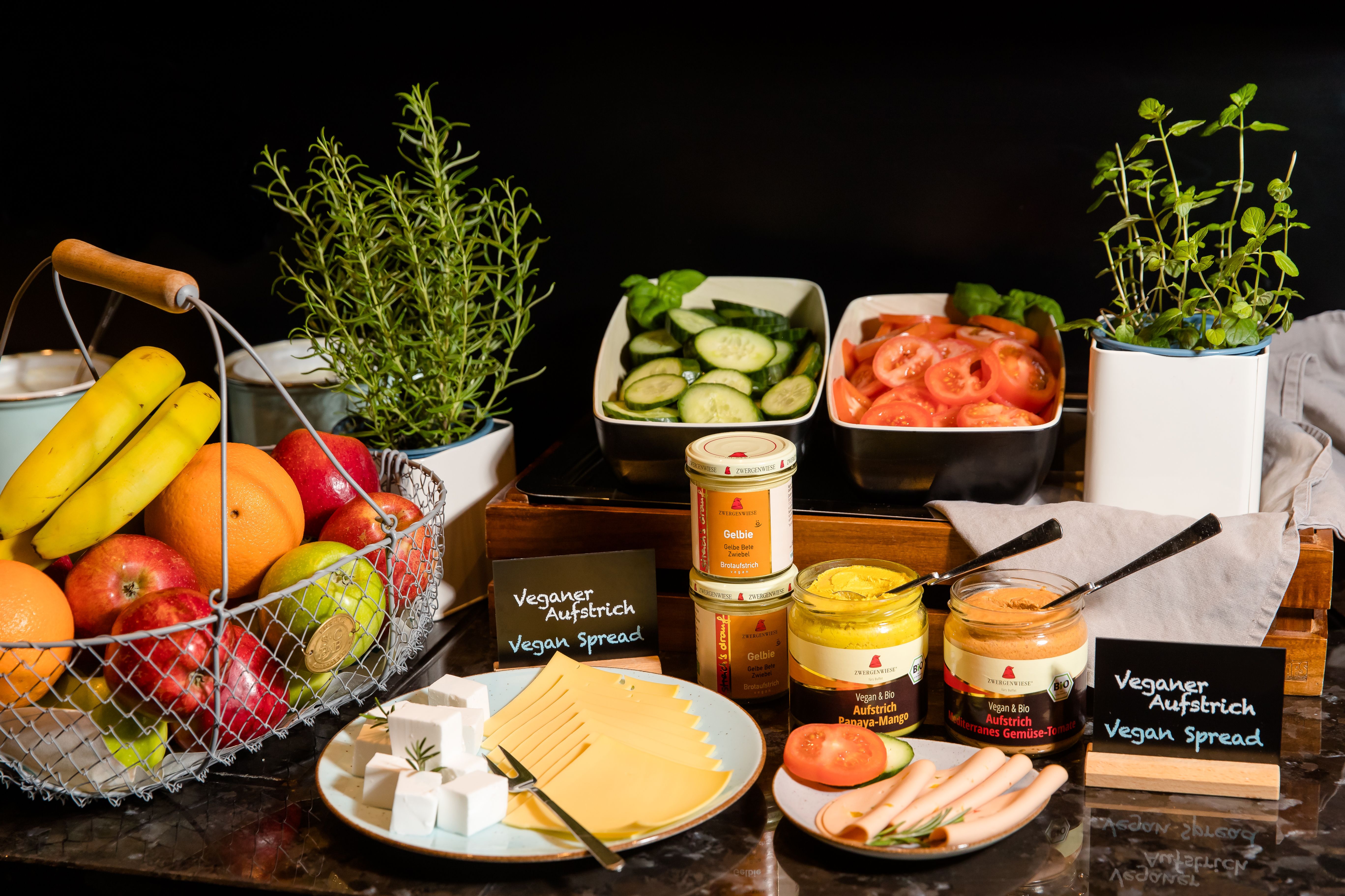 Motel One breakfast buffet with fruit, cheese and dips