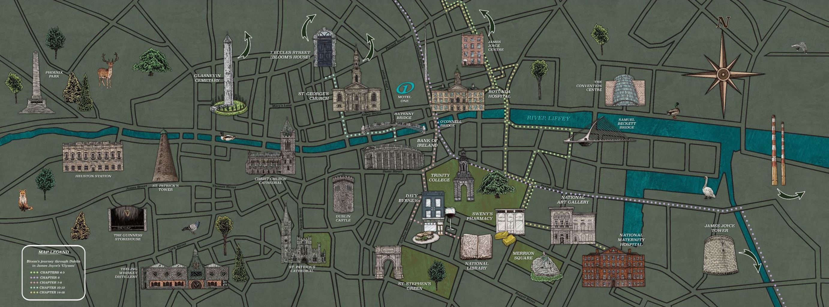 Illustrative Stadtkarte mit Sehenswürdigkeiten, Flussverlauf und Straßennetz, zeigt wichtige historische und kulturelle Gebäude und Wahrzeichen der Stadt zur Orientierung für Besucher.