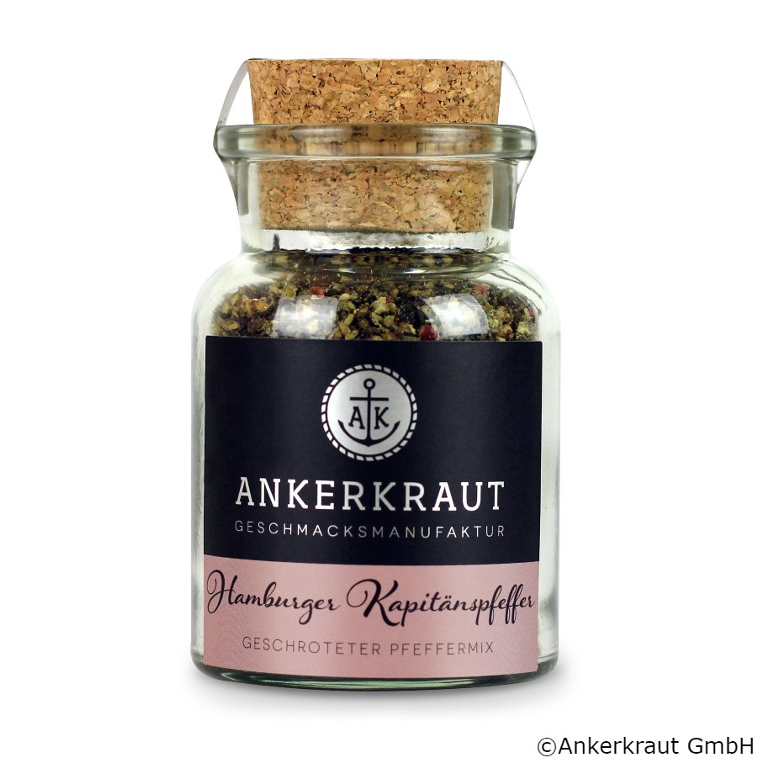 Glas mit grob gemahlenem Pfeffermix „Hamburger Kapitänspfeffer“ von Ankerkraut, verschlossen mit einem Korken, für würzige Gerichte.
