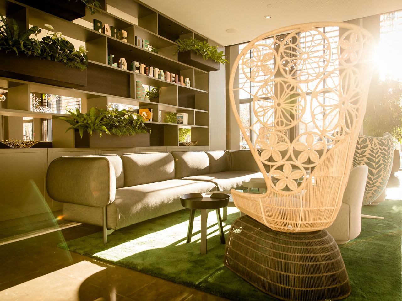 Heller Lounge-Bereich mit modernem Sofa, dekorativen Pflanzen und einem kunstvollen, geflochtenen Korbsessel, durchflutet von warmem Sonnenlicht, vermittelt eine einladende und entspannte Atmosphäre.