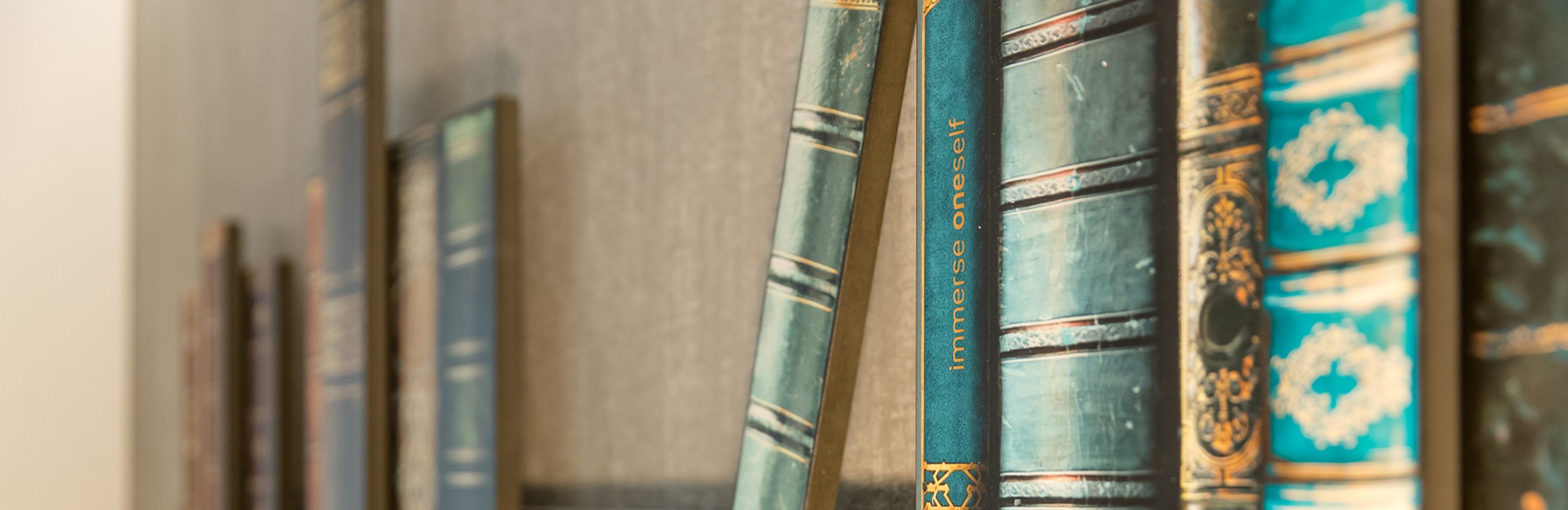 Nahaufnahme einer Reihe antiker, bunt gebundener Bücher in einem Regal