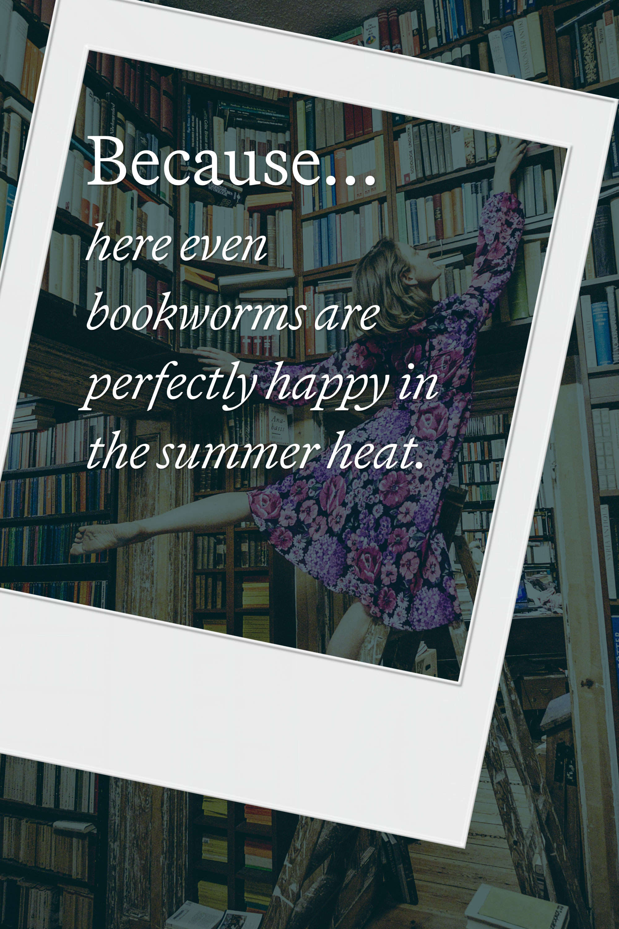 Eine fröhliche Frau in sommerlichem Kleid balanciert auf einem Bein auf einer Leiter in einer Bibliothek, umgeben von Bücherregalen. Der Text betont, dass Buchliebhaber hier auch in der Sommerhitze glücklich sind.