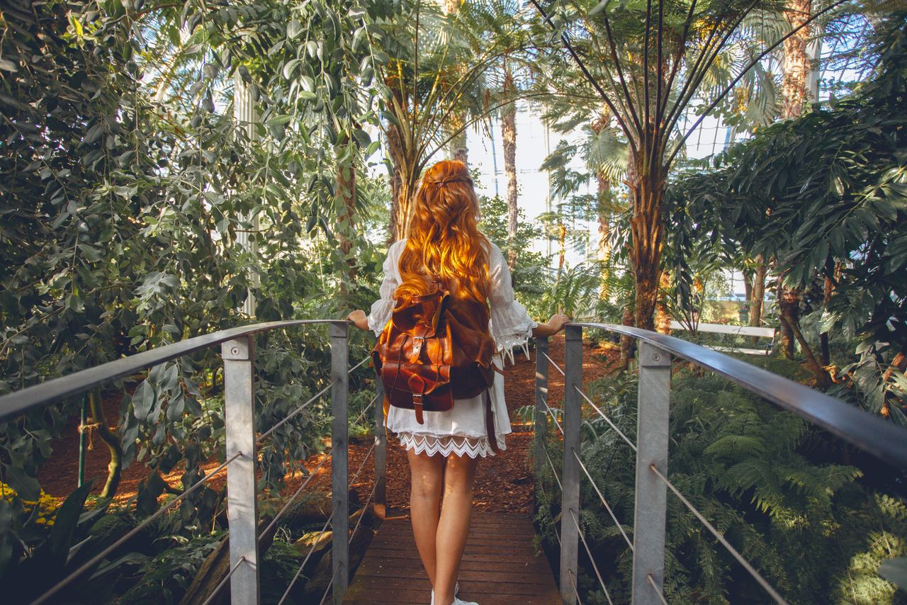 Frau mit Rucksack geht auf einer Holzbrücke durch einen üppigen, sonnendurchfluteten tropischen Botanischen Garten.