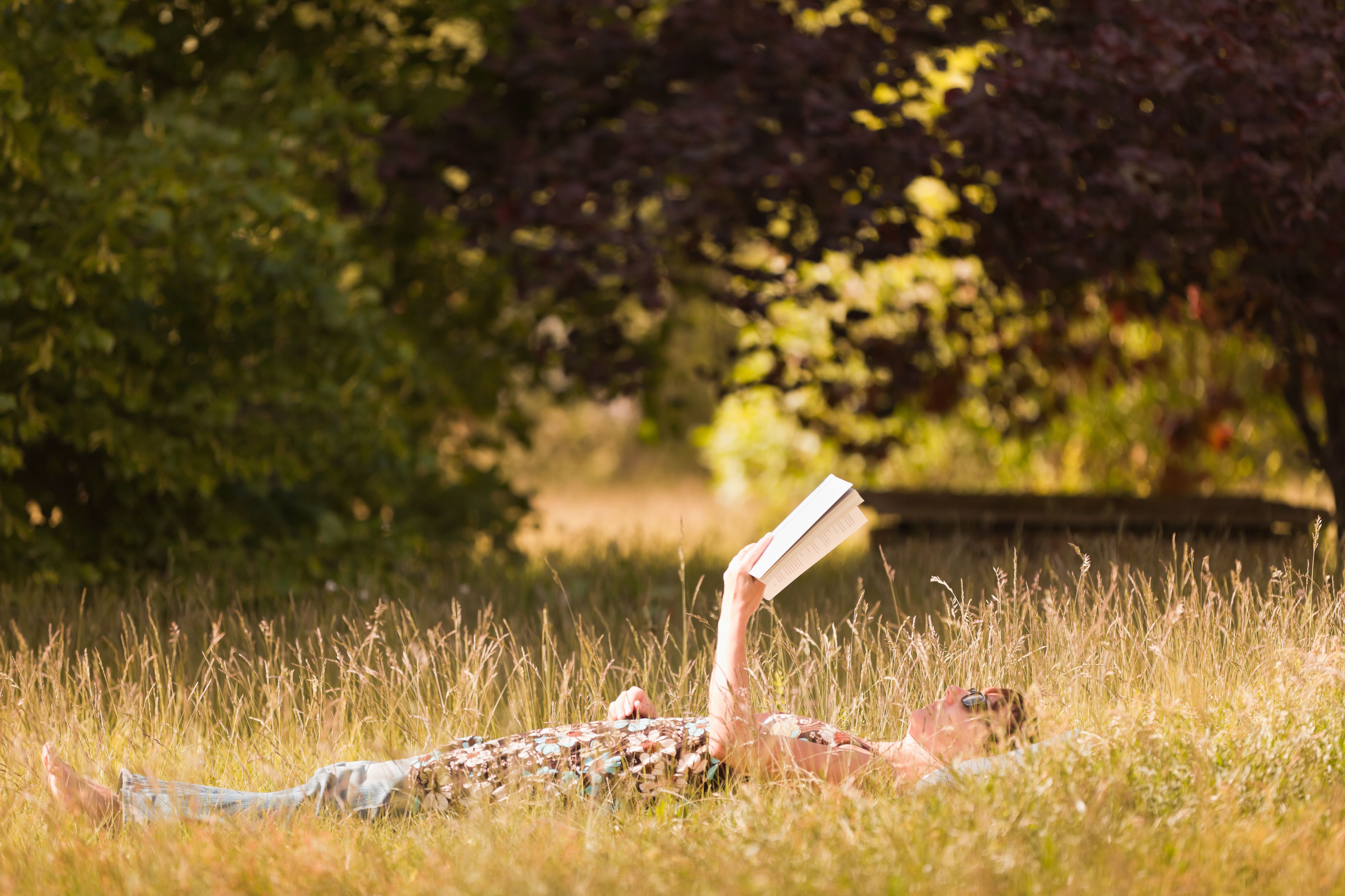 Eine Person liegt entspannt auf dem Rücken in einer Wiese und liest ein Buch, umgeben von Bäumen und natürlichem Licht.