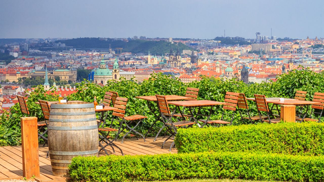 Dachterrasse mit Holztischen und Stühlen, Weinfass als Stehtisch, umgeben von grünen Hecken, mit weitem Blick über eine Stadtlandschaft im Hintergrund. Dachterrasse mit Holztischen und Stühlen, Weinfass als Stehtisch, umgeben von grünen Hecken, mit weitem Blick über eine Stadtlandschaft im Hintergrund.