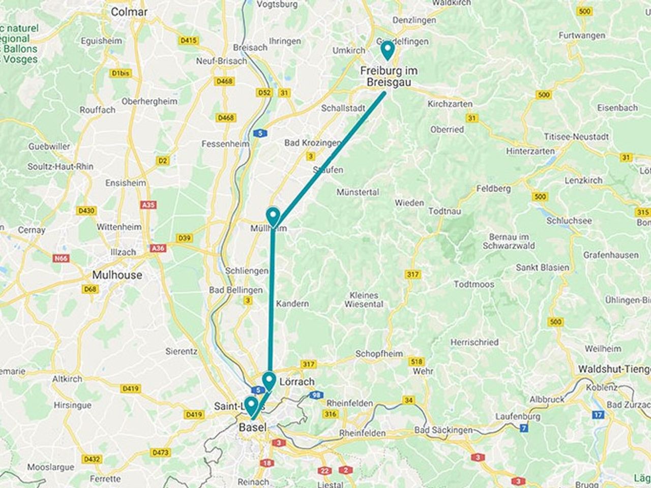 Karte zeigt Reiseroute von Freiburg im Breisgau über Müllheim und Lörrach nach Basel, mit gewählten Zielpunkten und Verbindungslinien zwischen den Städten in der Region am Oberrhein.