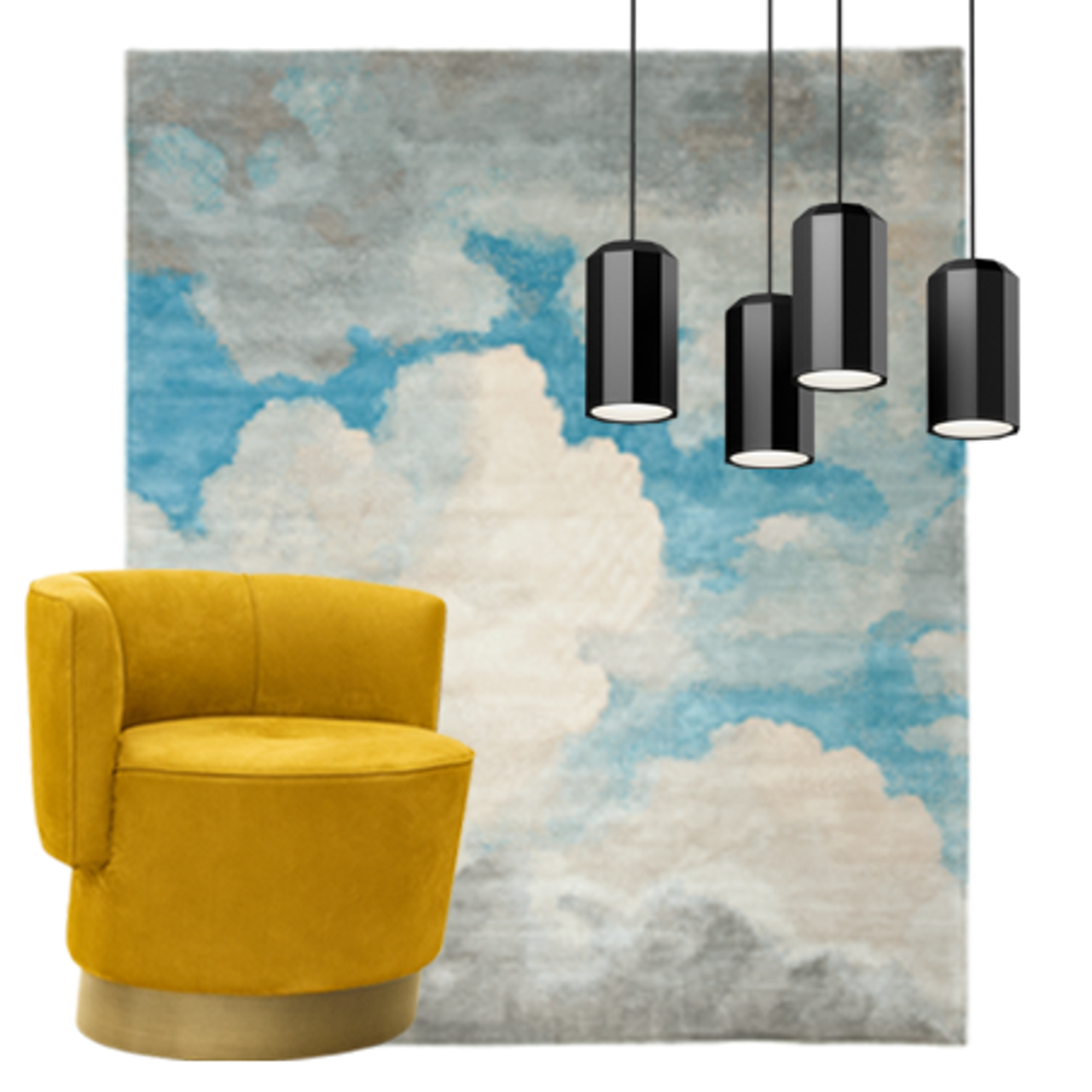 Gelber Sessel vor Wandteppich mit Wolkenmotiv, darüber vier moderne schwarze Hängeleuchten, schafft gemütliche, stilvolle Atmosphäre.