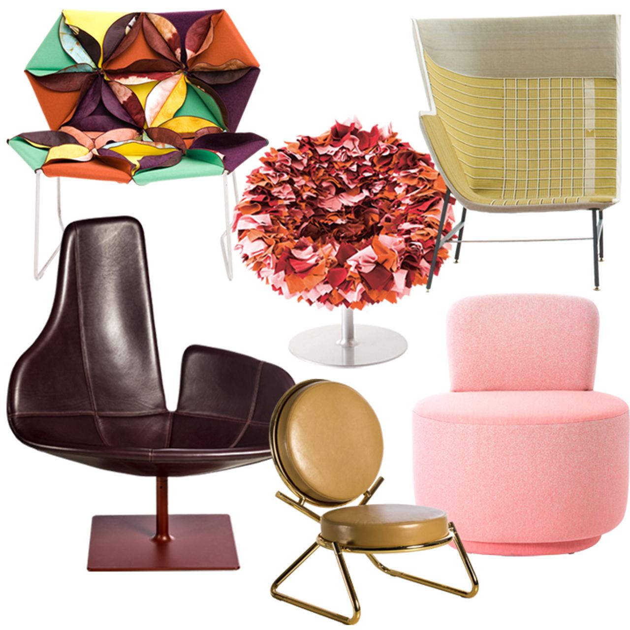 Sechs verschiedene Stühle mit einzigartigem Design, darunter ein bunter gepolsterter Sessel, ein rosa runder Stuhl, ein brauner Ledersessel, ein Stuhl mit goldfarbenem Sitz und ein Stuhl mit dekorativen roten Blättern.