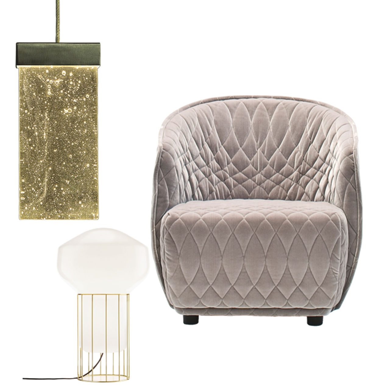 Weicher, grauer Sessel mit gesteppter Oberfläche, daneben elegante Beleuchtung: eine goldene, funkelnde Hängelampe und eine moderne Tischlampe mit milchweißem Glas und filigranem Messinggestell. Atmosphäre für stilvolles, gemütliches Wohnen.