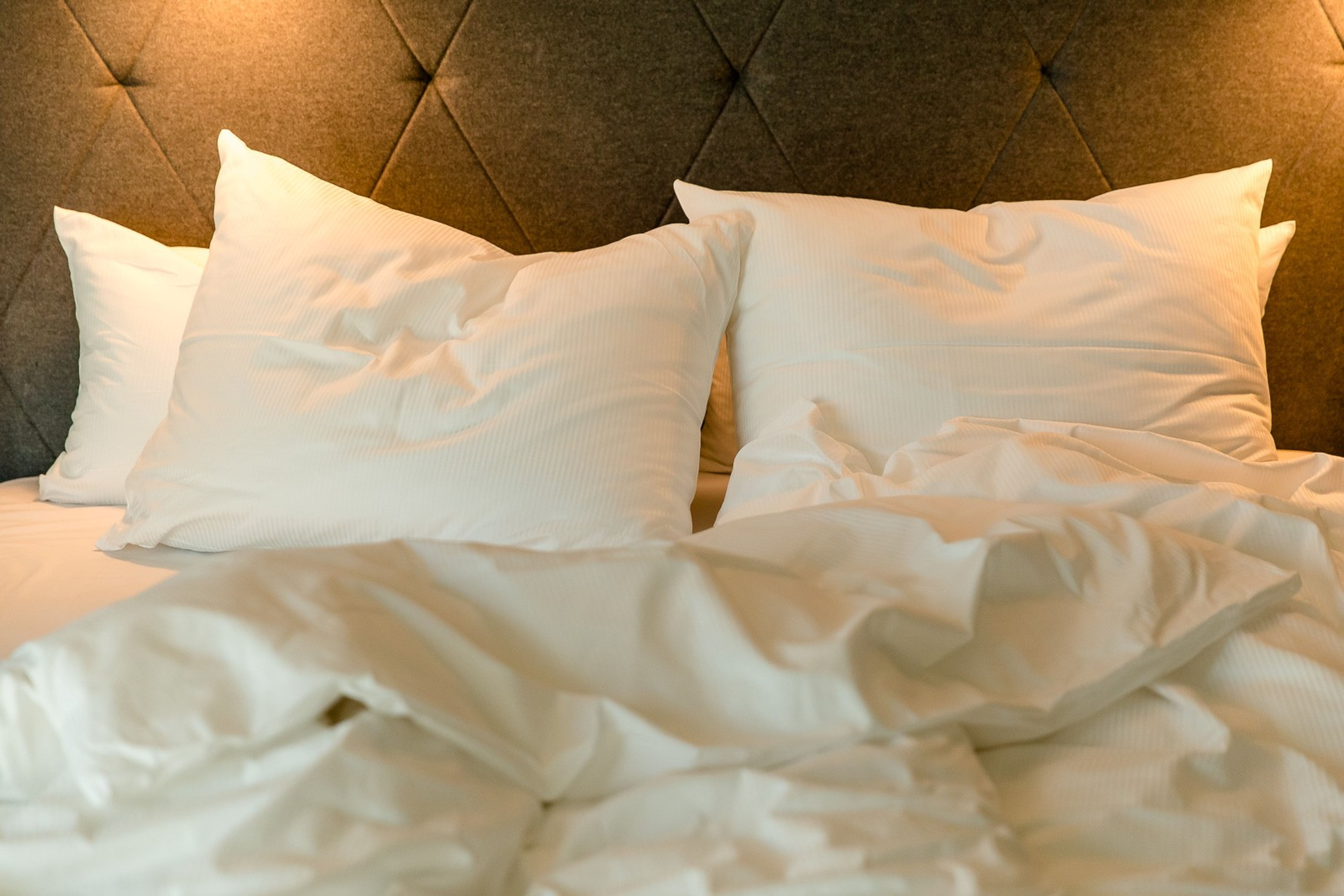 Gemütliches, beidseitig bezogenes Doppelbett mit weichen weißen Kissen und Decken vor einem gepolsterten Kopfteil