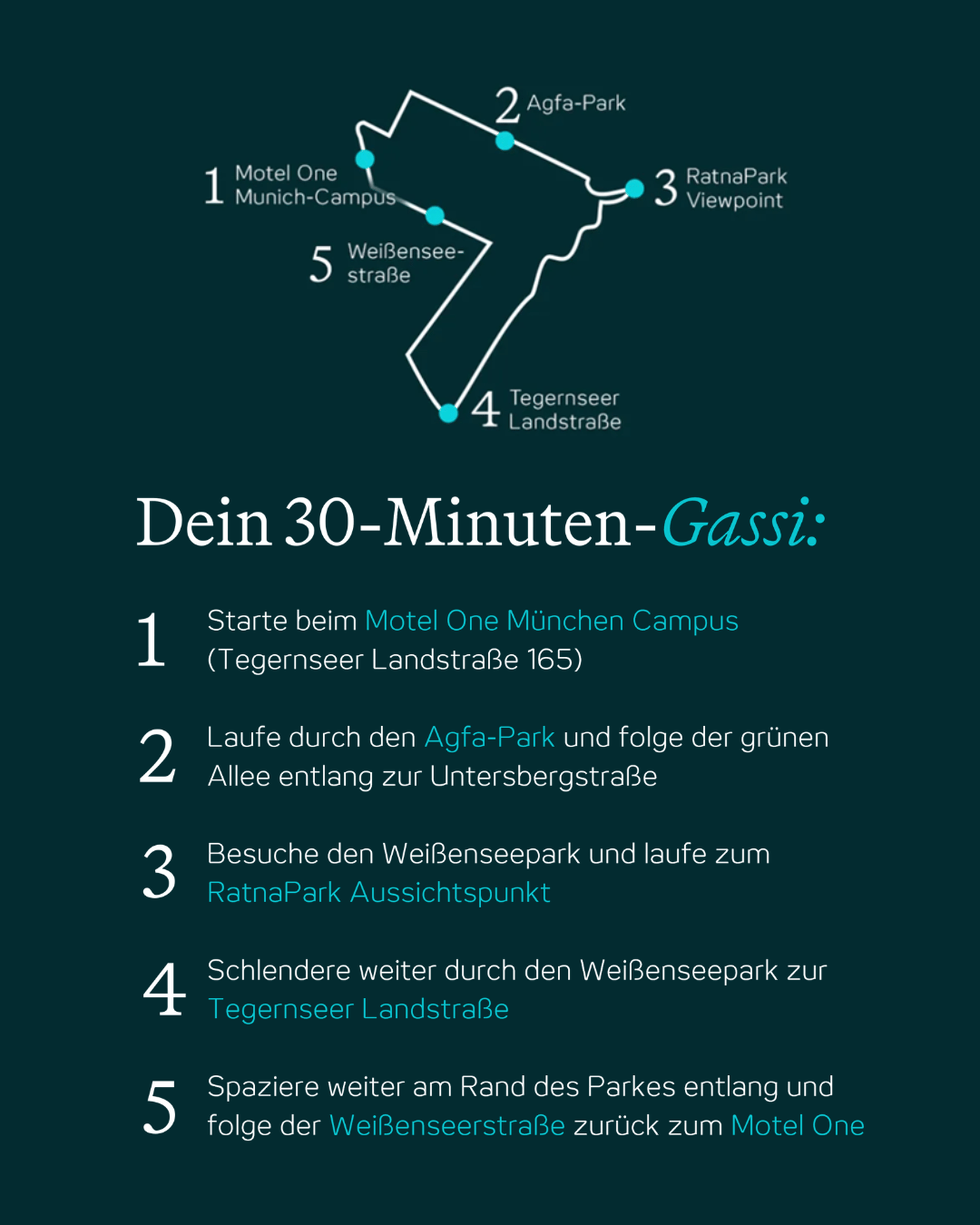 Karte und Beschreibung einer 30-minütigen Gehroute ab Motel One München Campus durch Agfa-Park, Weißenseepark, RatnaPark Viewpoint und zurück über Weißenseestraße. Schritt-für-Schritt-Wegführung mit markanten Punkten und Straßen für entspannte Spaziergänge.