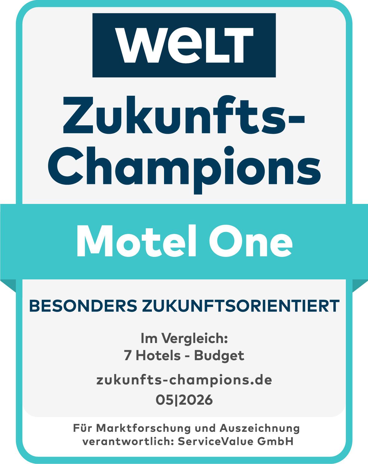 Auszeichnungsschild „WELT Zukunfts-Champions Motel One“ für besonders zukunftsorientierte Budget-Hotels, basierend auf Vergleich von 7 Hotels, vergeben von ServiceValue GmbH, gültig bis 05/2026. Auszeichnungsschild „WELT Zukunfts-Champions Motel One“ für besonders zukunftsorientierte Budget-Hotels, basierend auf Vergleich von 7 Hotels, vergeben von ServiceValue GmbH, gültig bis 05/2026.