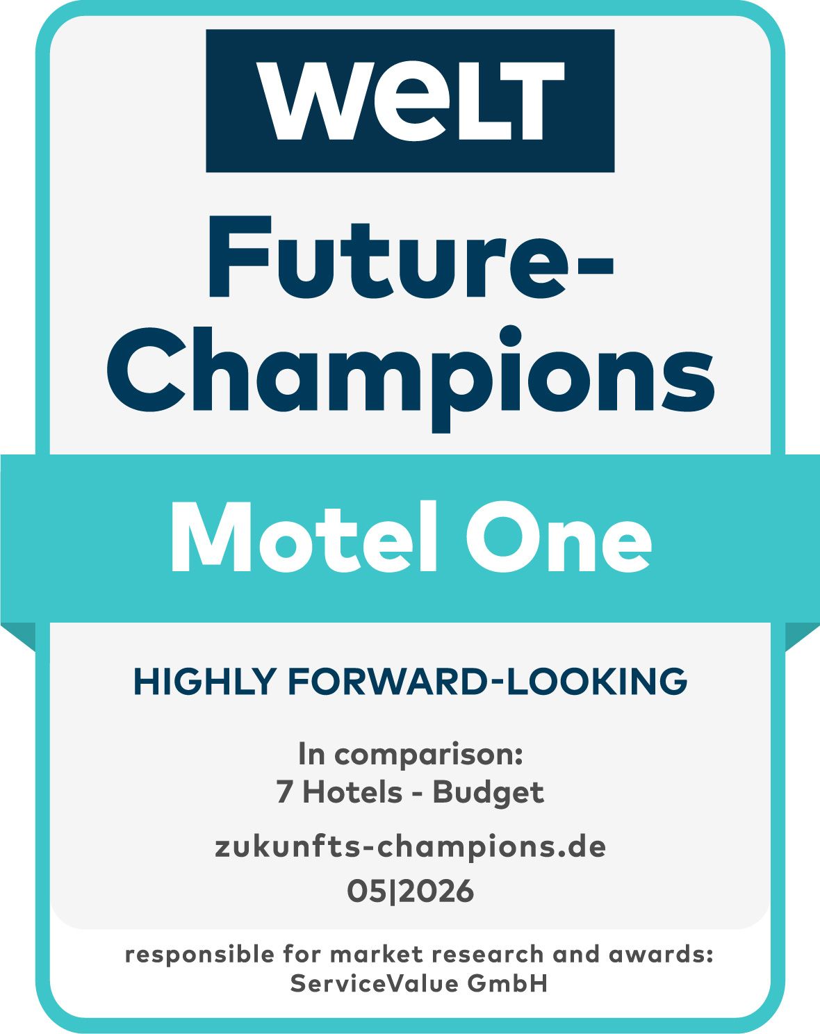 Auszeichnungssiegel von WELT für Motel One als „Future-Champions“ im Bereich Budget-Hotels, basierend auf zukunftsorientierter Marktanalyse von ServiceValue GmbH, gültig bis Mai 2026.