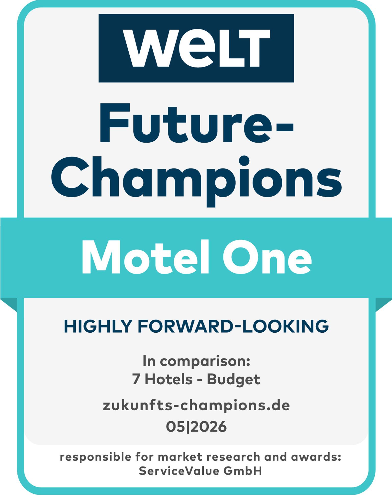 Auszeichnungssiegel von WELT für Motel One als „Future-Champions“ im Bereich Budget-Hotels, basierend auf zukunftsorientierter Marktanalyse von ServiceValue GmbH, gültig bis Mai 2026.