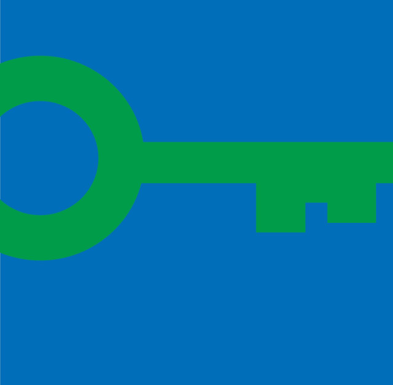 Grüne Schlüssel-Symbolgrafik auf blauem Hintergrund, die Zugang und Sicherheit symbolisiert, ideal für Hotelbuchungs- oder Check-in-Bereiche.