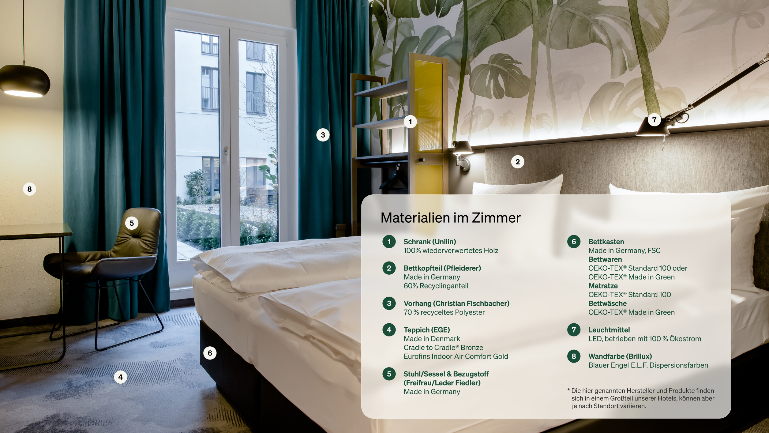 Modern eingerichtetes Hotelzimmer mit großem Bett, schlichter Holzdekorwand, grünen Pflanzenmotiven an der Tapete und bodentiefem Fenster für viel Tageslicht. Gemütliche Atmosphäre mit Arbeitsplatz und Vorhängen in dunklem Grün, ideal für entspannte Aufenthalte und erholsamen Schlaf.