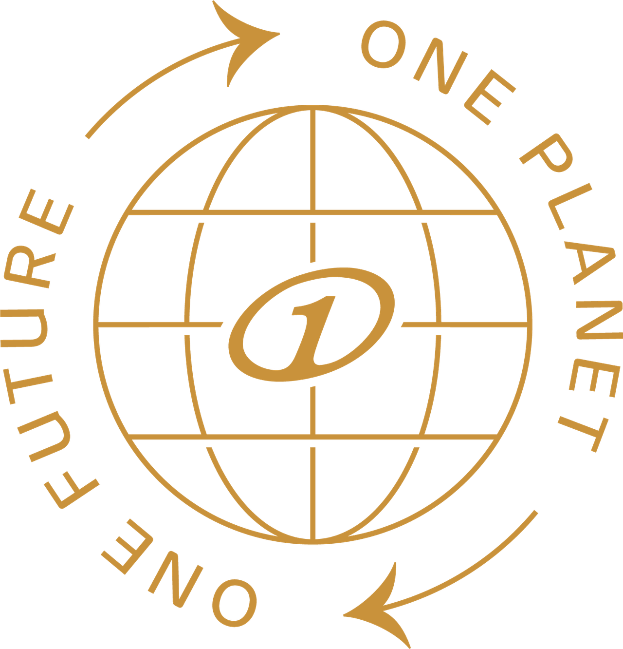 Logo mit der stilisierten Darstellung einer Weltkugel, umgeben von den Worten „One Planet, One Future“ und zwei Pfeilen, die Nachhaltigkeit und globale Verantwortung symbolisieren.