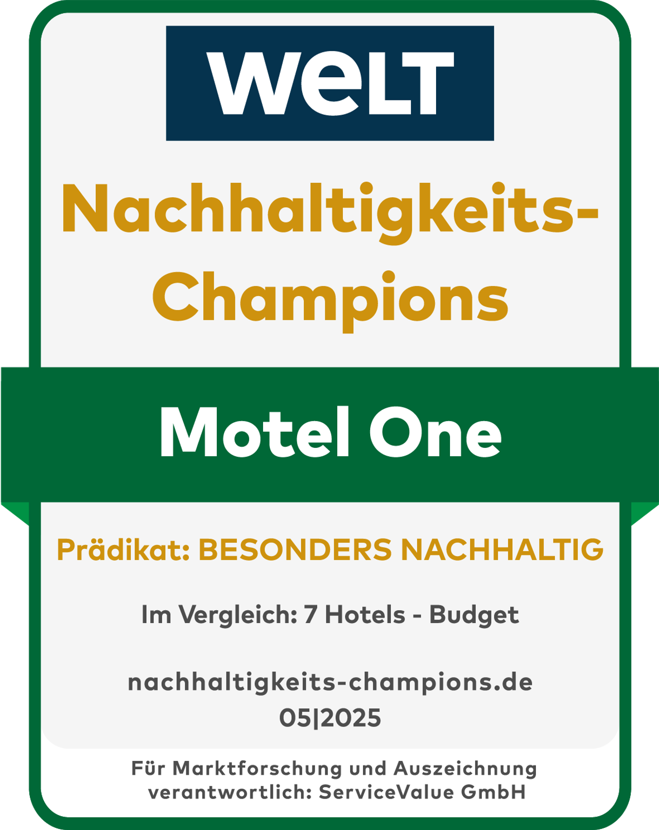 Auszeichnung „Nachhaltigkeits-Champions“ von WELT für Motel One mit dem Prädikat „Besonders nachhaltig“ im Vergleich von sieben Budget-Hotels, gültig bis Mai 2025.
