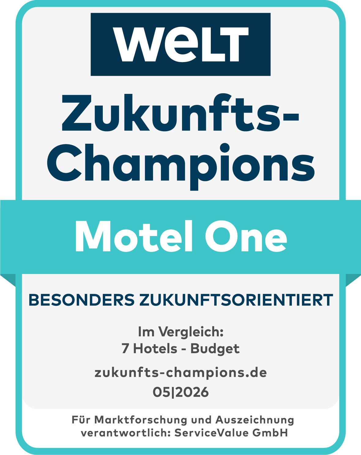 Auszeichnung „Zukunfts-Champions“ von WELT für Motel One, besonders zukunftsorientiert im Bereich Budget-Hotels, basierend auf Marktanalyse von ServiceValue GmbH, gültig bis Mai 2026.