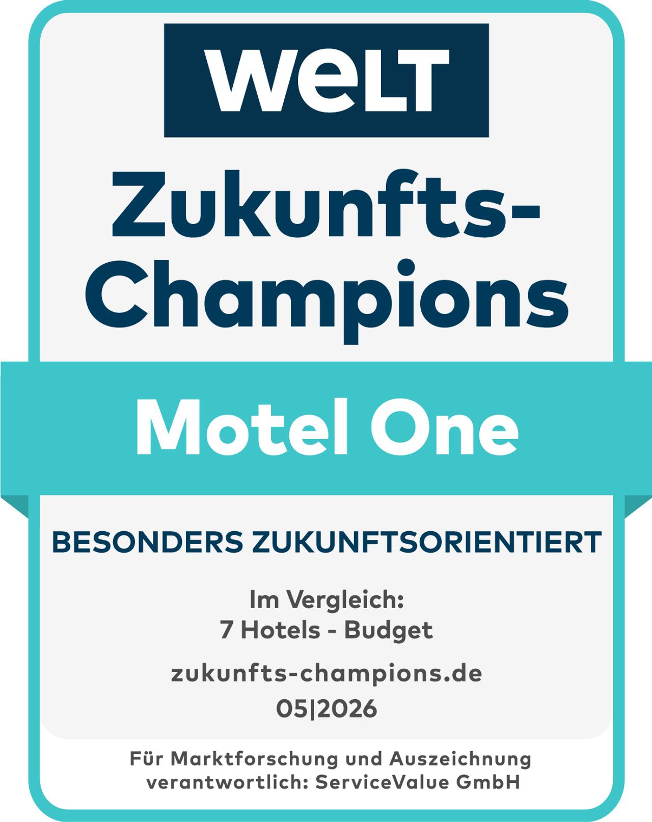 Auszeichnung „Zukunfts-Champions“ von WELT für Motel One, besonders zukunftsorientiert im Bereich Budget-Hotels, basierend auf Marktanalyse von ServiceValue GmbH, gültig bis Mai 2026.