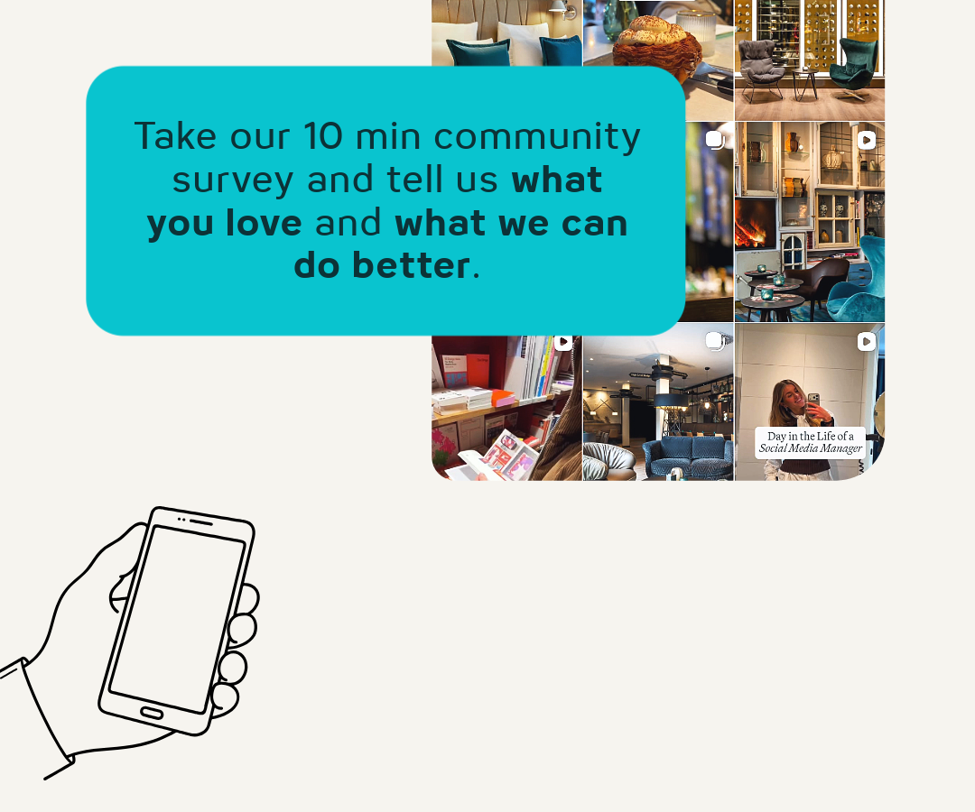 Motel One Instagram Gewinnspiel mit Aufruf zur Teilnahme an einer 10-minütigen Umfrage, um Feedback zu geben, was geliebt wird und was verbessert werden kann. Einfache Illustration einer Hand, die ein Smartphone hält.